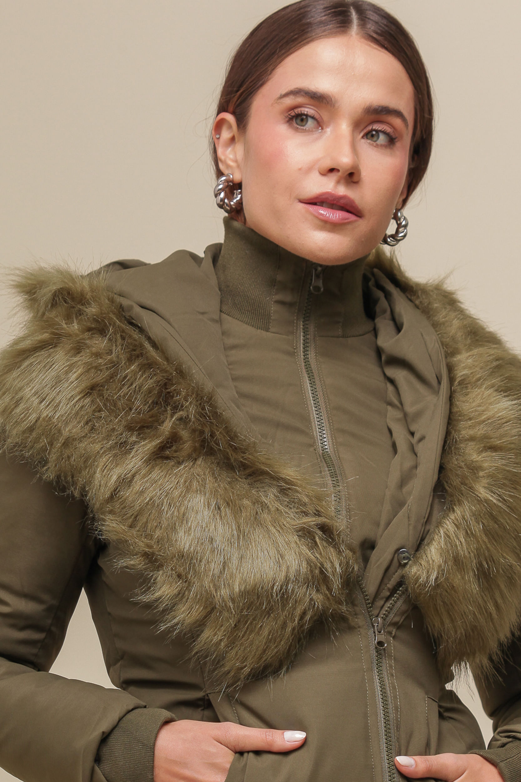 Casaco Puffer Zíper Duplo Com Capuz VERDE Casaco Puffer Zíper Duplo Com Capuz VERDE