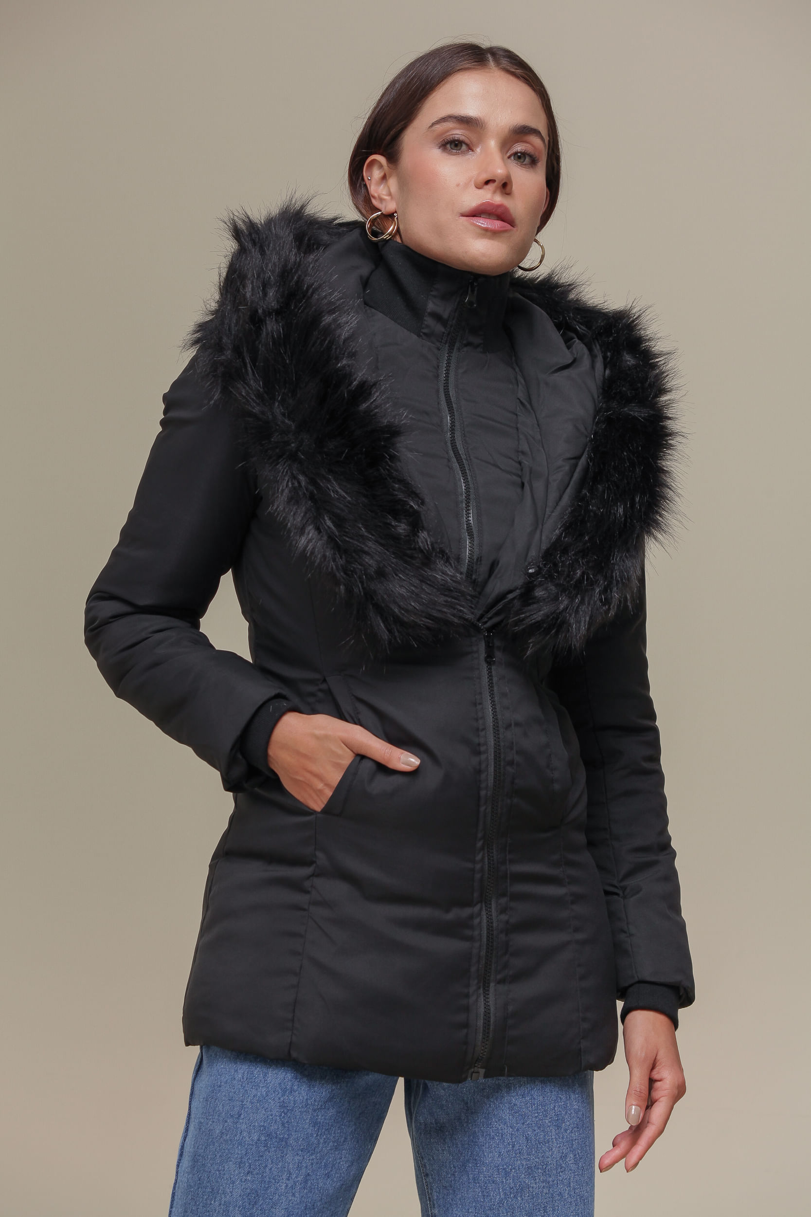 Casaco Puffer Zíper Duplo Com Capuz  PRETO