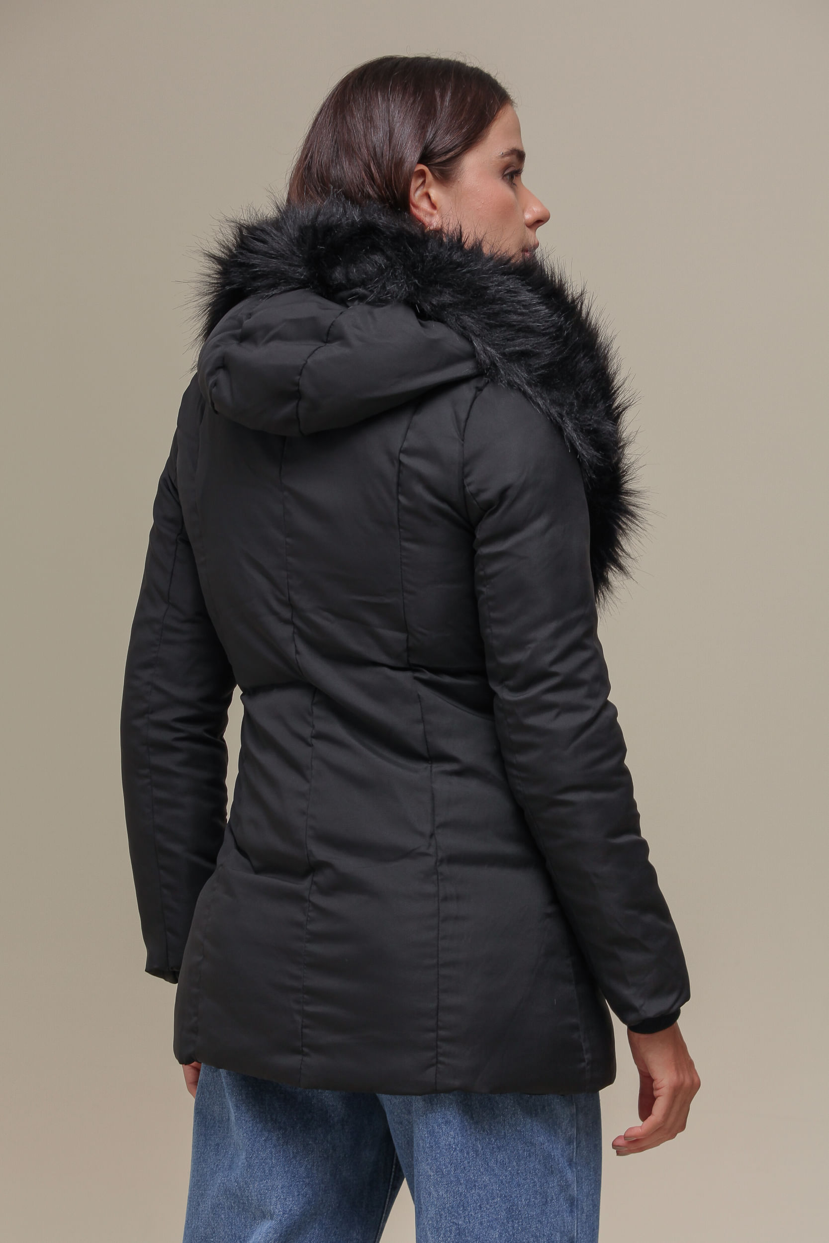 Casaco Puffer Zíper Duplo Com Capuz  PRETO