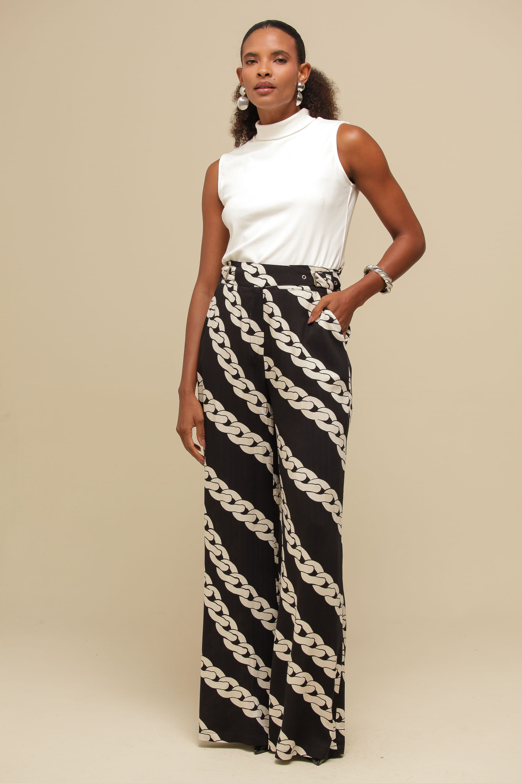 9036815 - Calça Pantalona Estampada  PRETO