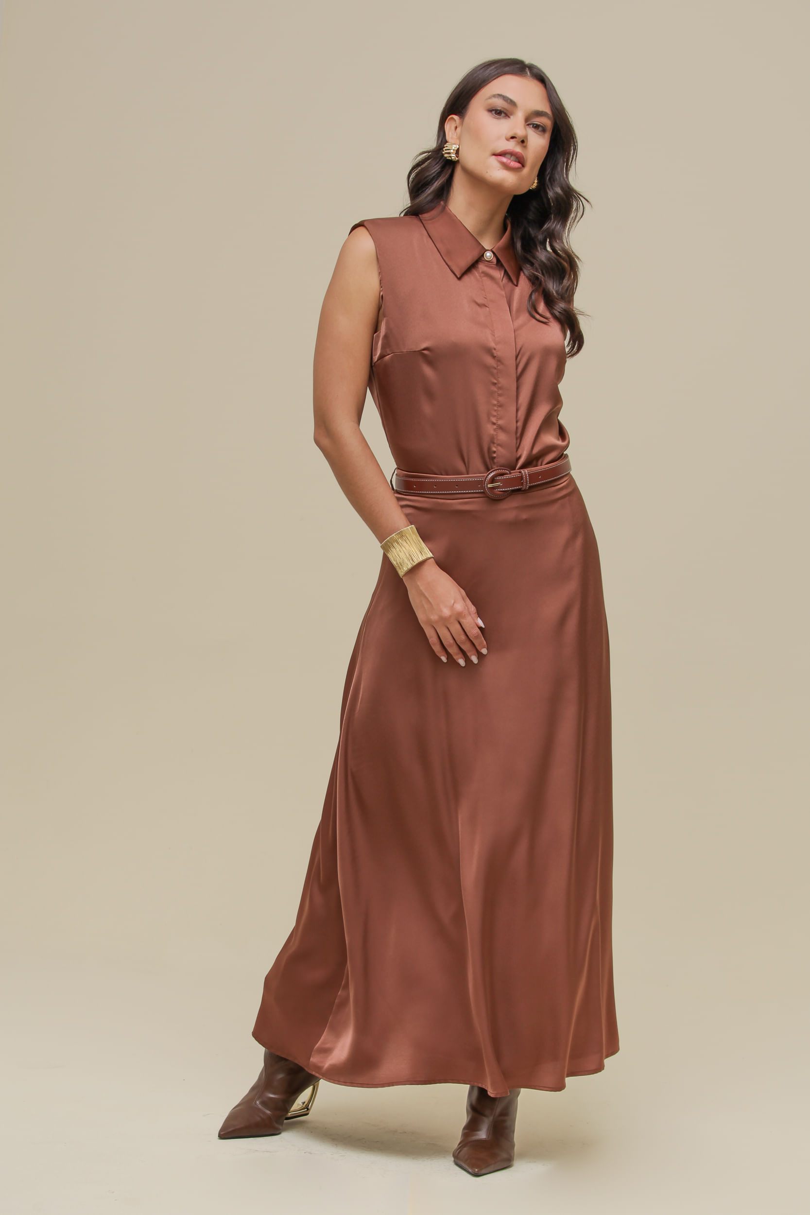9036790 - Saia Midi Cetim Cinto MARROM