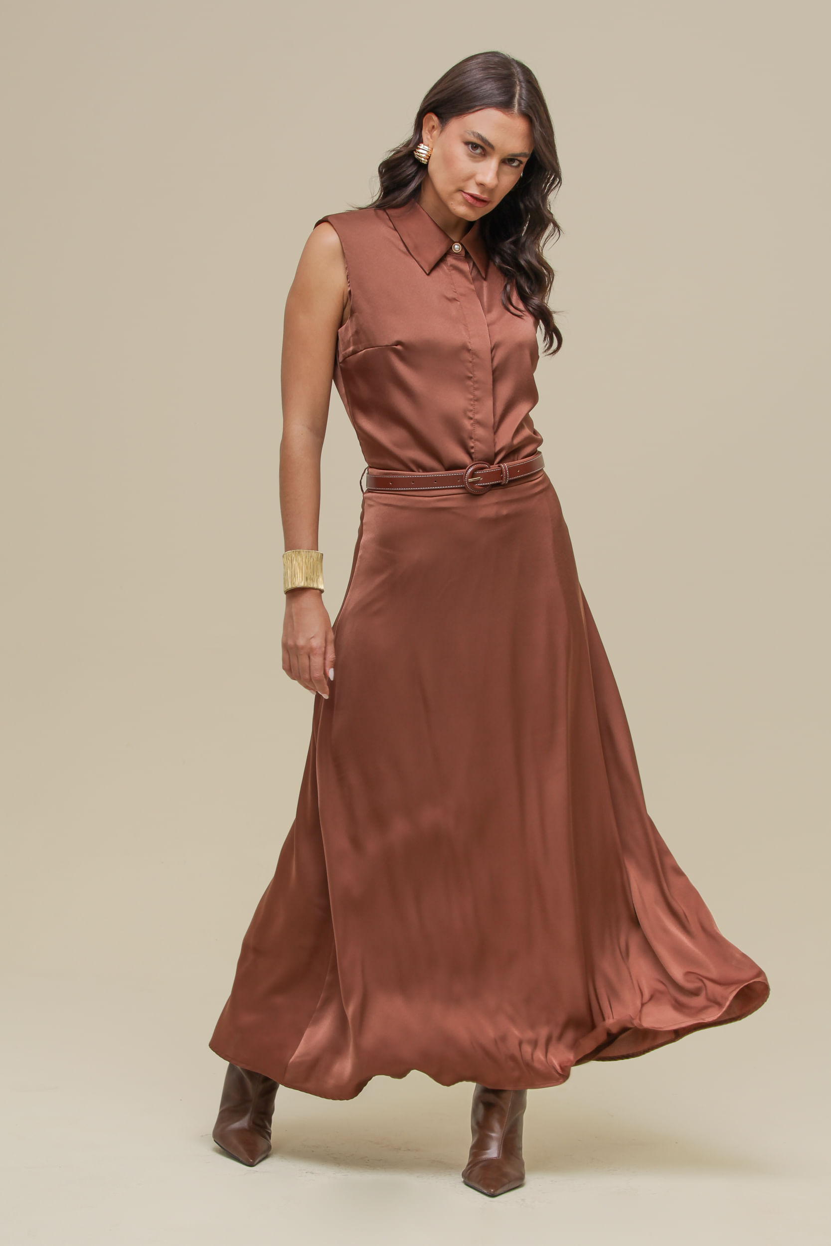 9036790 - Saia Midi Cetim Cinto MARROM