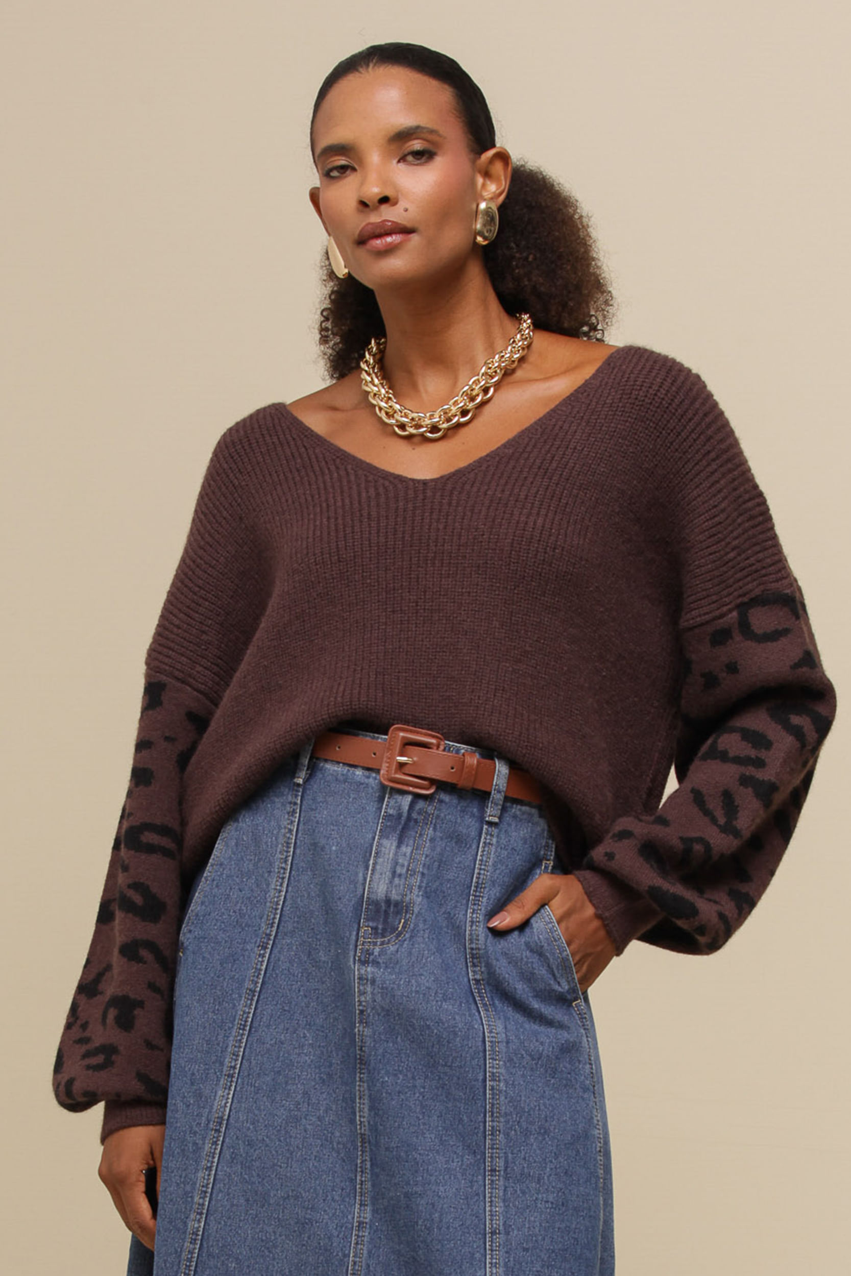 9036421 - Blusa Tricô Animal Print  MARROM