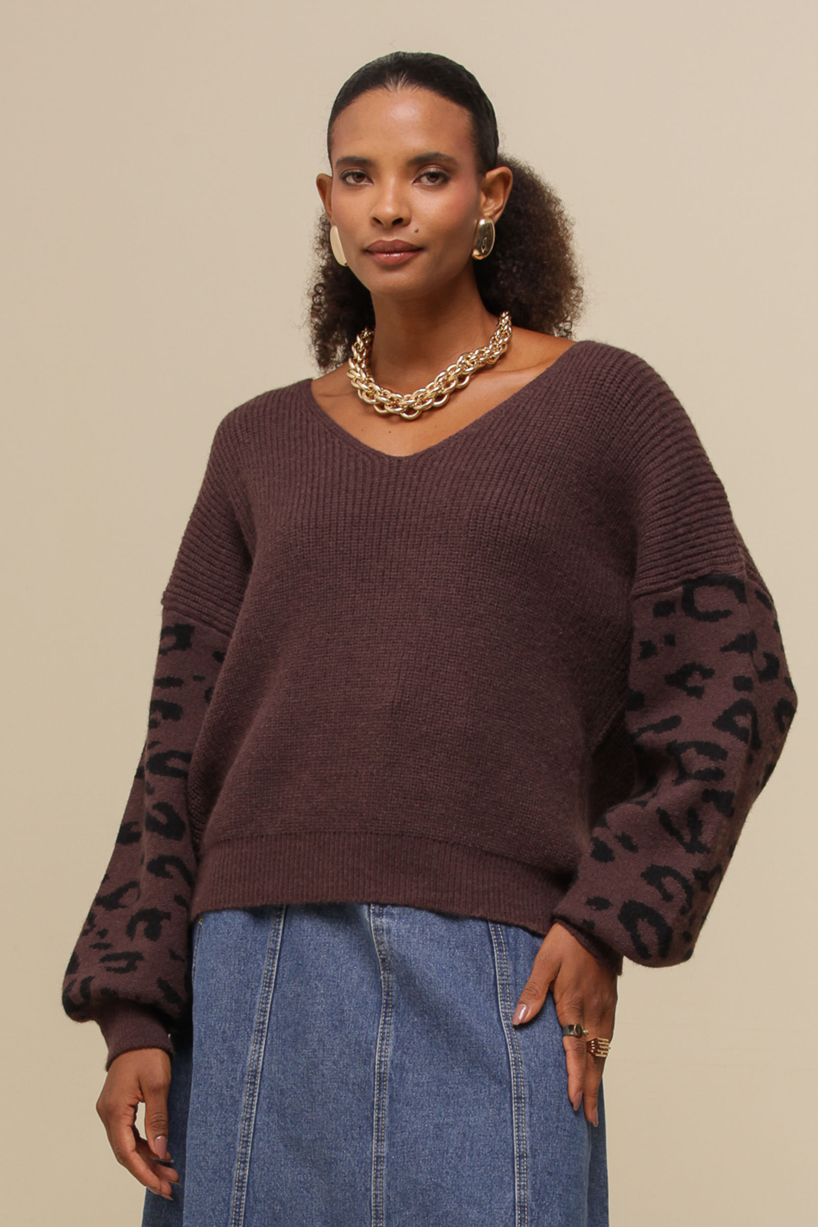 9036421 - Blusa Tricô Animal Print MARROM 9036421 - Blusa Tricô Animal Print MARROM
