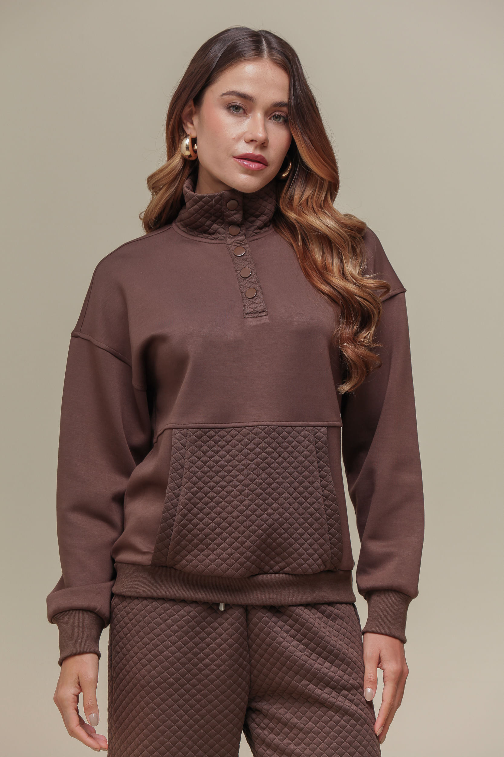 9036781 - Blusa Moletom Detalhe Matelassê  MARROM