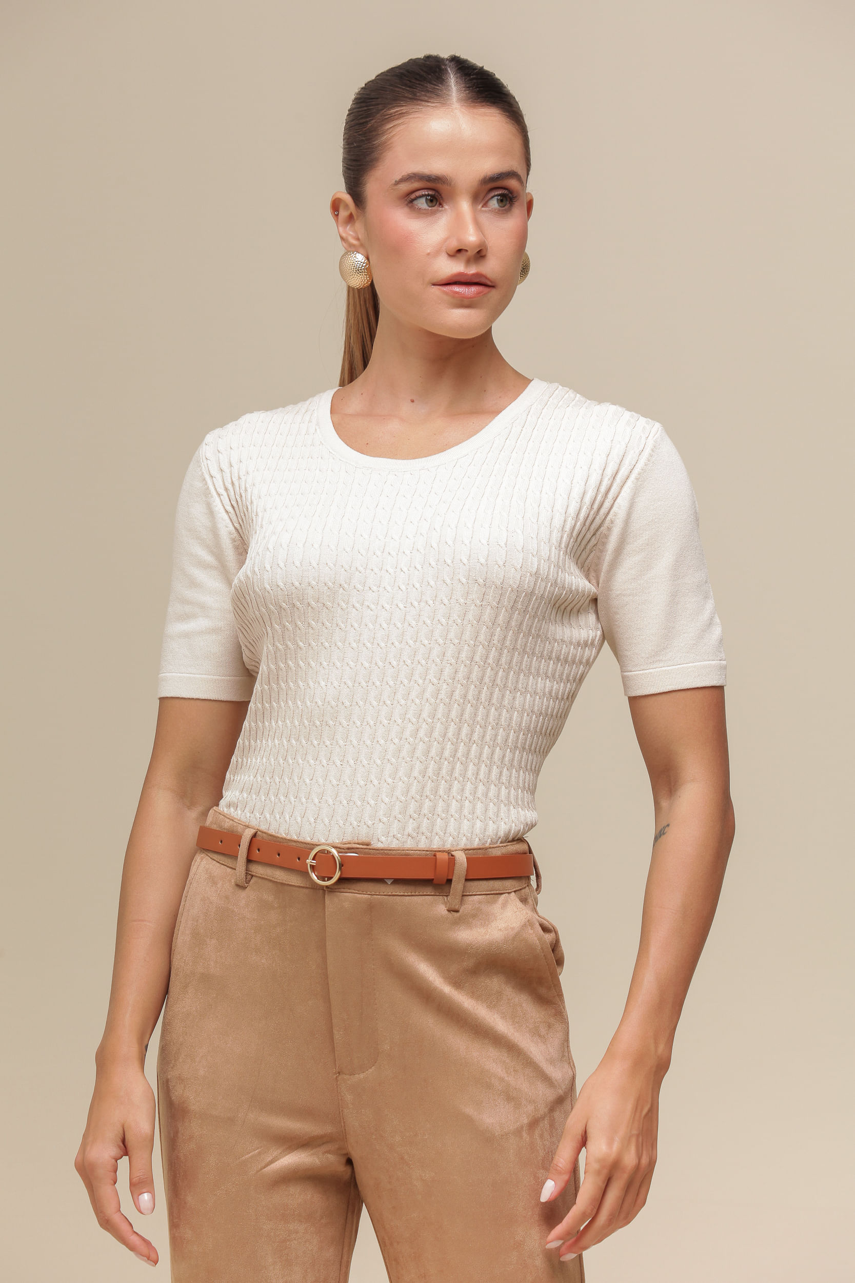 9036742 - Blusa Tricô Trançado Frente  BEGE