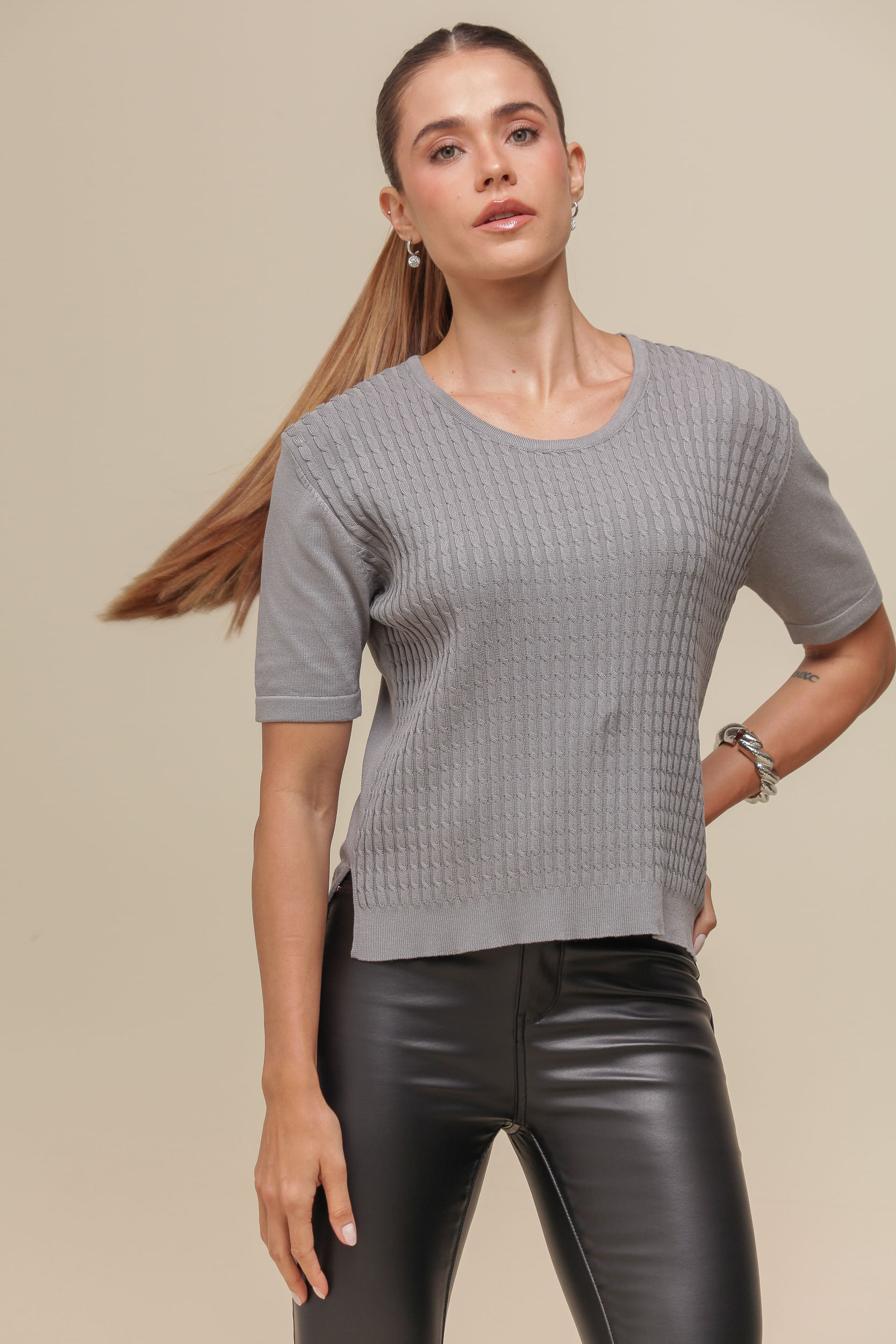 9036742 - Blusa Tricô Trançado Frente CINZA 9036742 - Blusa Tricô Trançado Frente CINZA