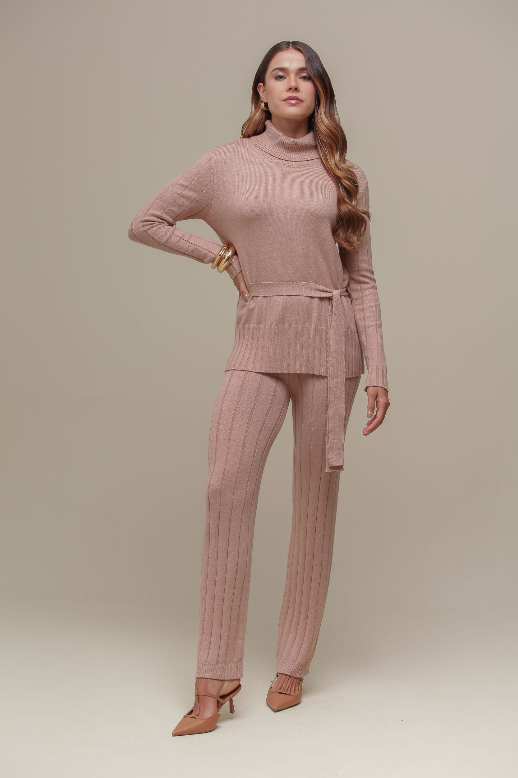 9036582 - Calça Tricô Listrada  BEGE