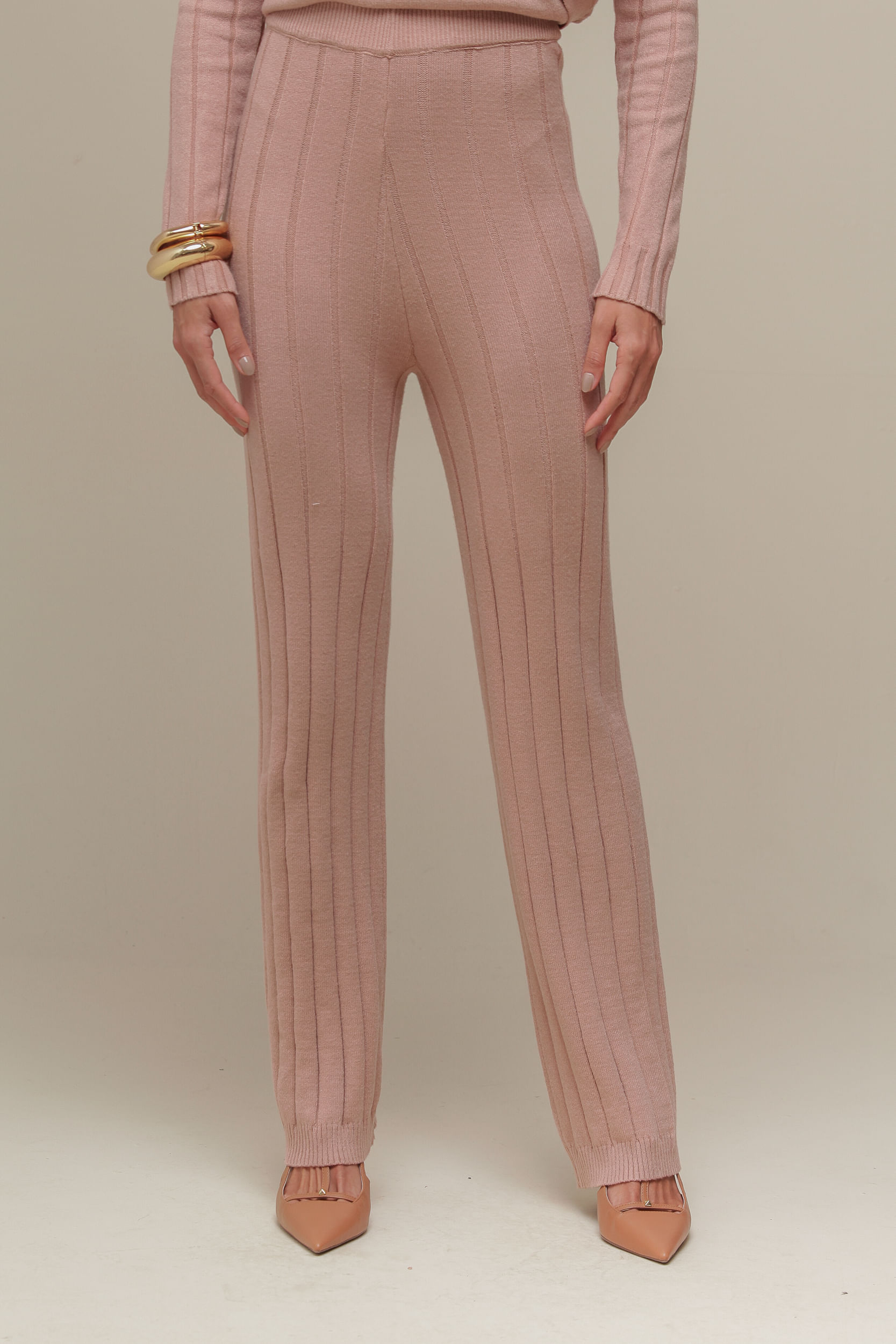 9036582 - Calça Tricô Listrada  BEGE