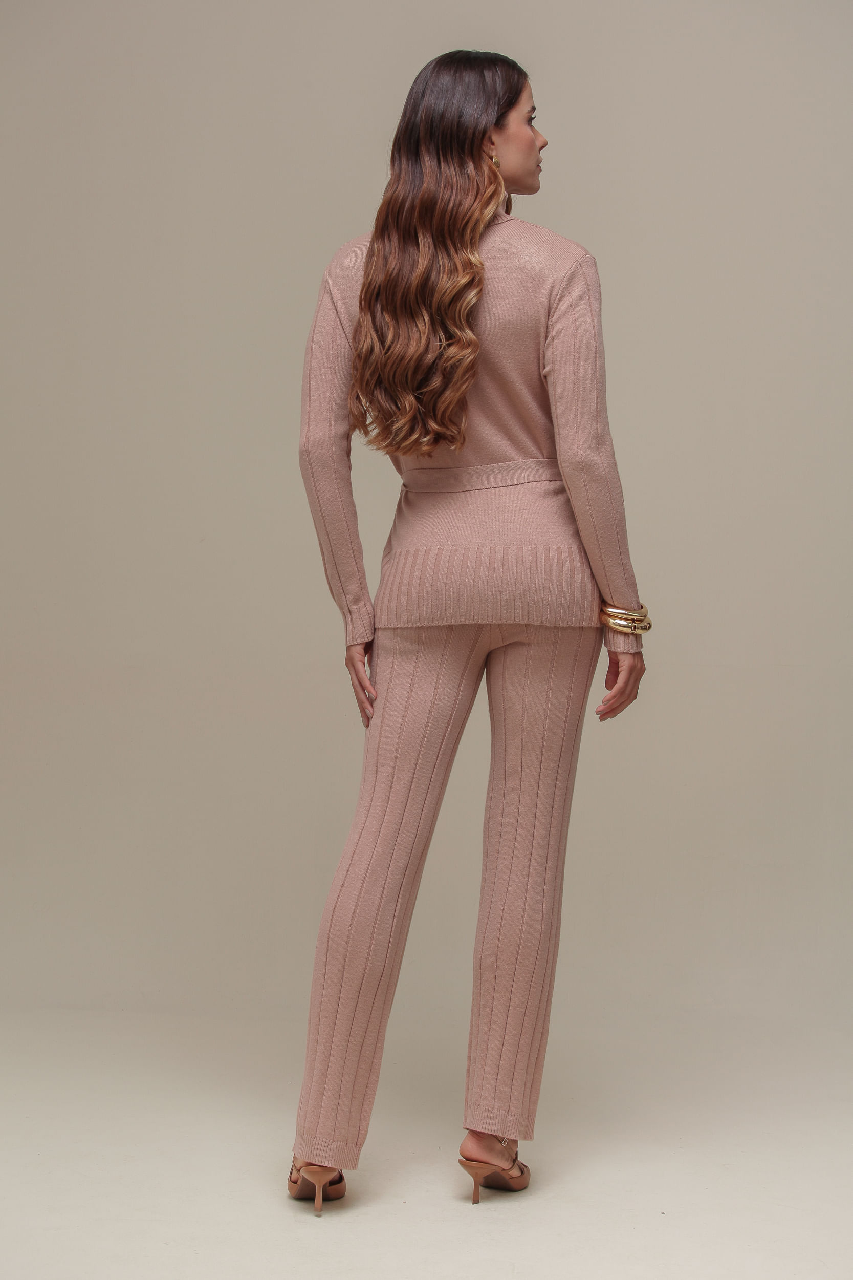 9036582 - Calça Tricô Listrada  BEGE