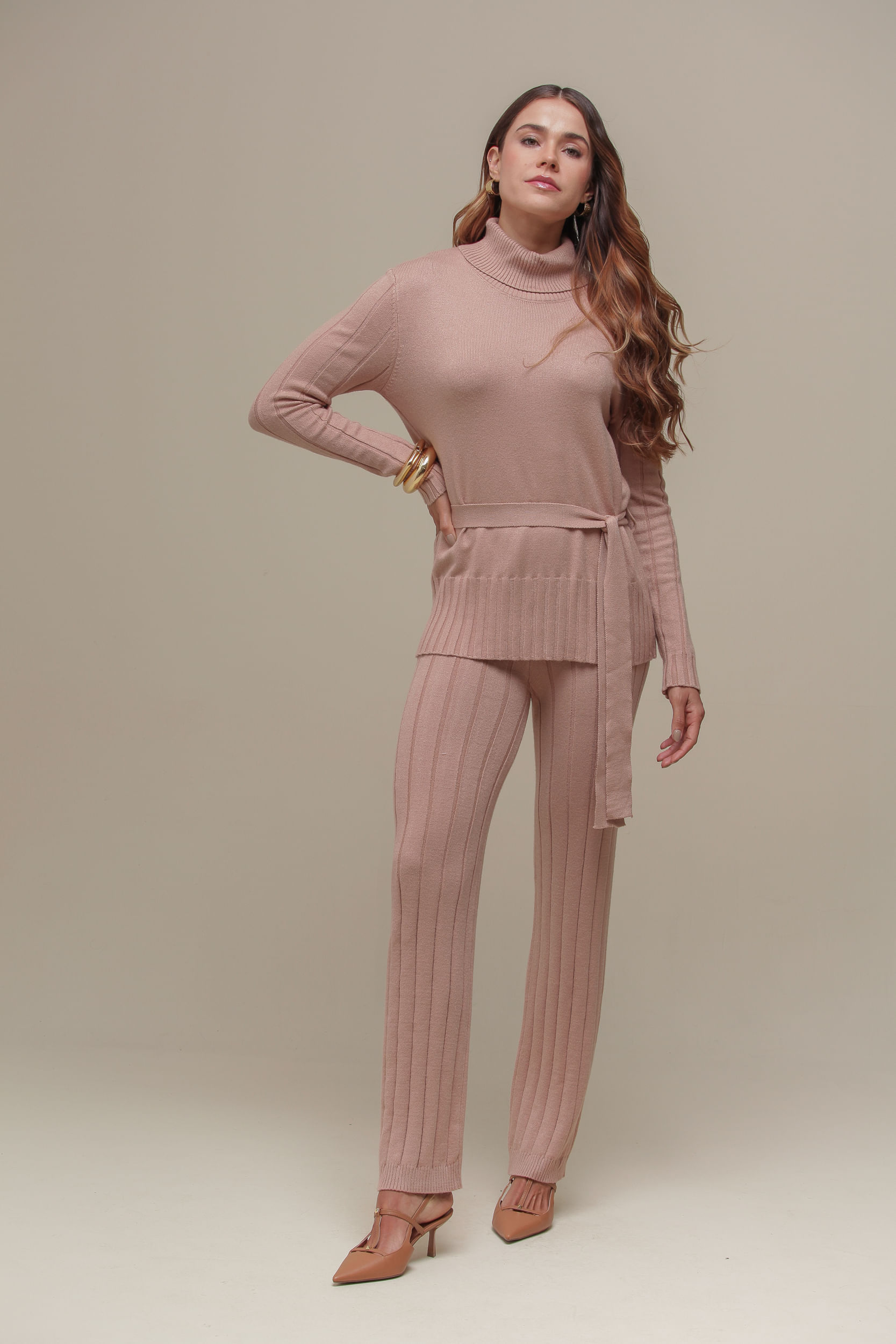 9036582 - Calça Tricô Listrada  BEGE