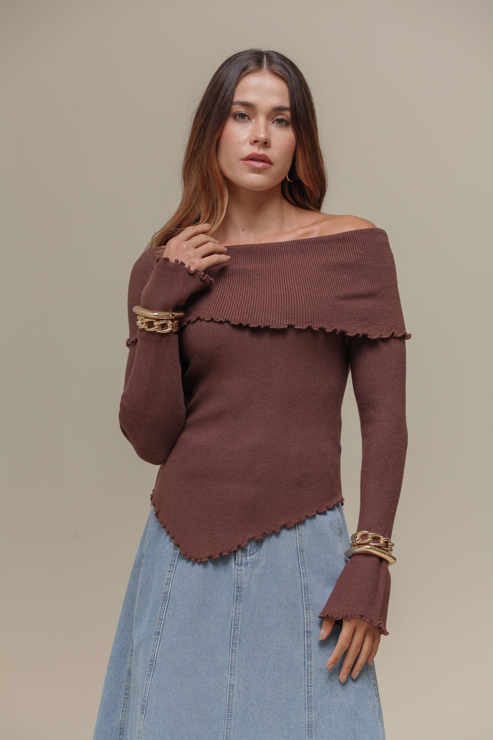 9036744 - Blusa Tricô Assimétrica Ombro a Ombro MARROM 9036744 - Blusa Tricô Assimétrica Ombro a Ombro MARROM