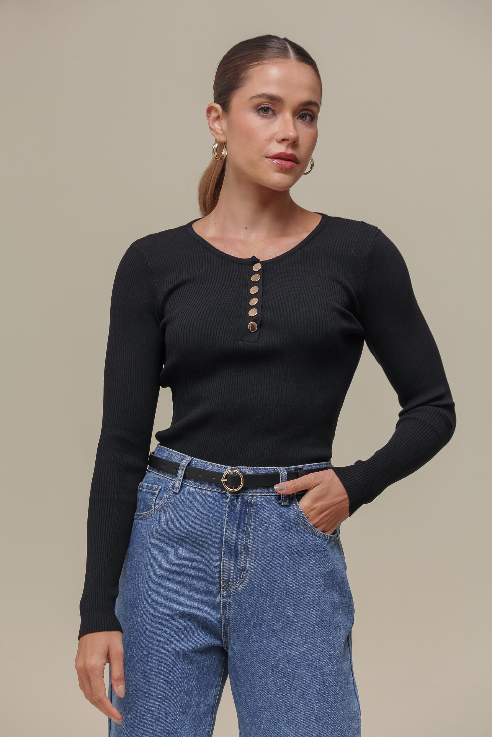9036419- Blusa Tricô ML Vista  PRETO