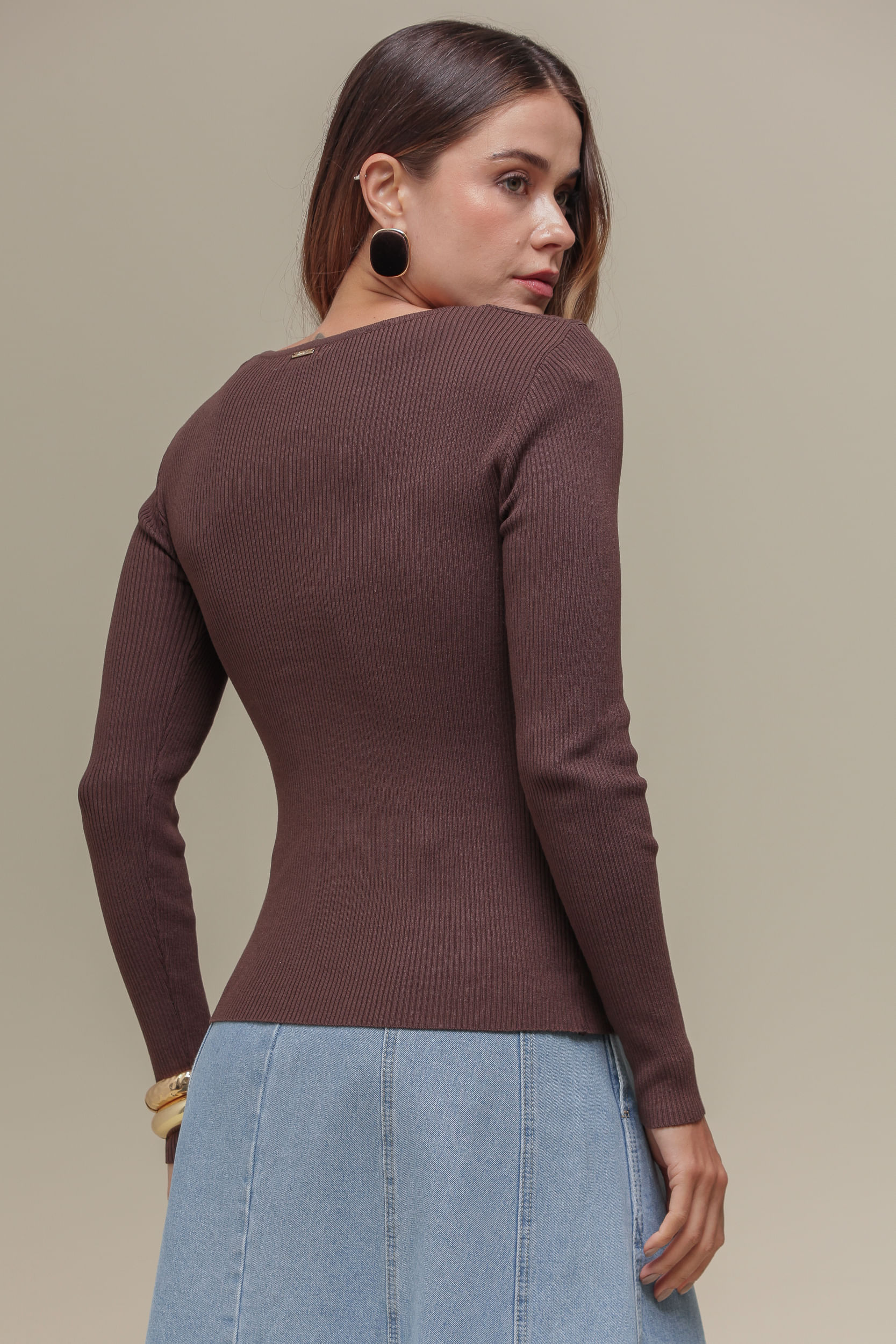 9036419 - Blusa Tricô ML Vista MARROM 9036419 - Blusa Tricô ML Vista MARROM