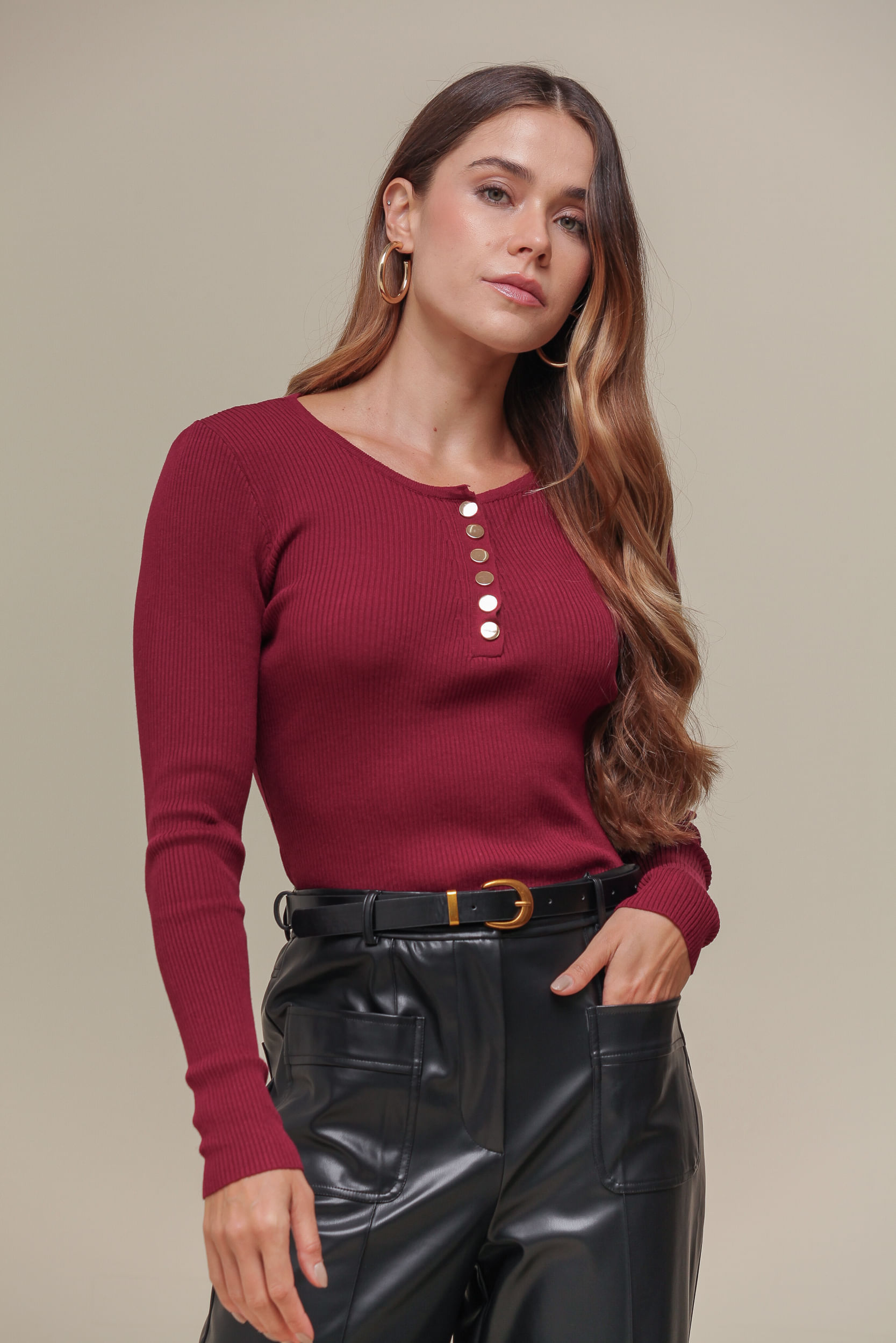 9036419 - Blusa Tricô ML Vista  CEREJA