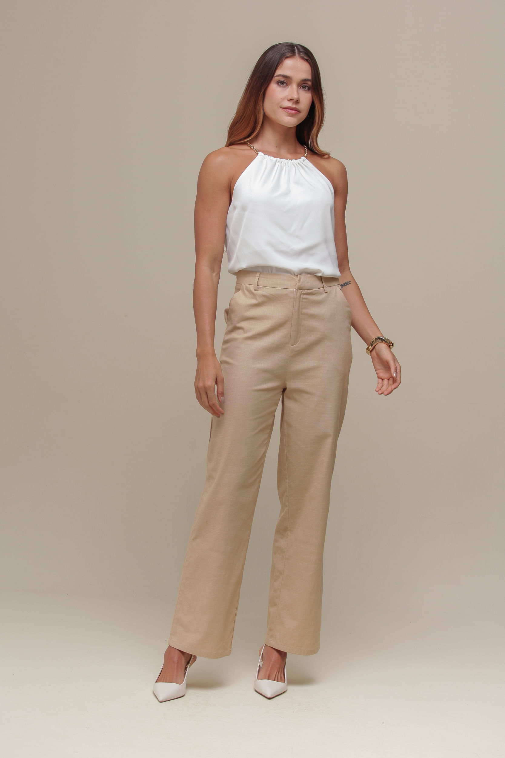 9036799 - Calça Reta Linho  BEGE