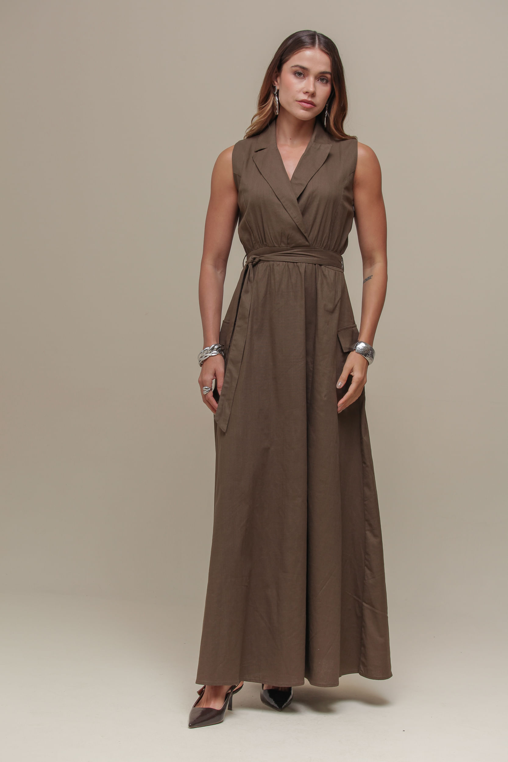 9036797 - Vestido Longo Linho Amarração  VERDE MILITAR