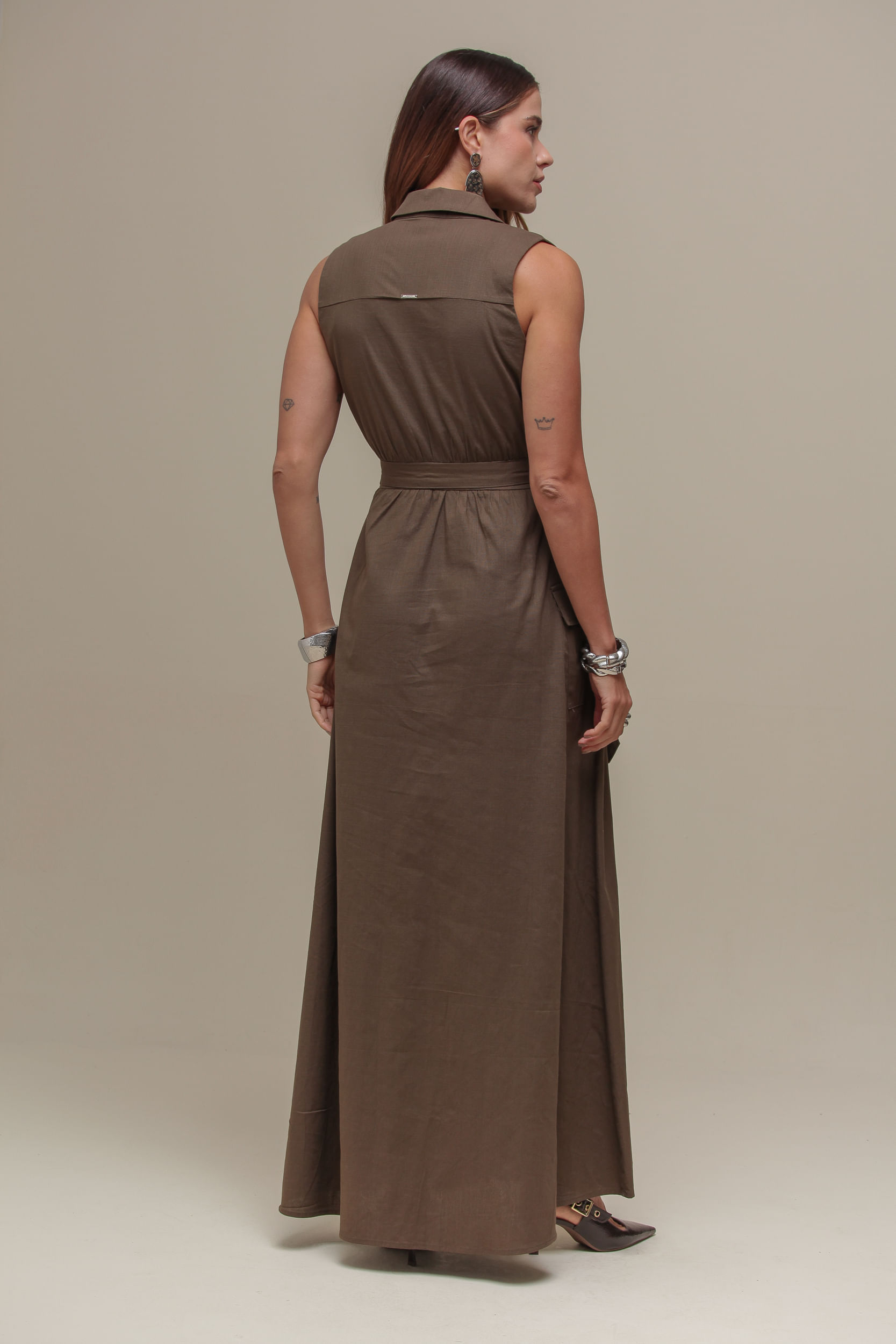 9036797 - Vestido Longo Linho Amarração  VERDE MILITAR