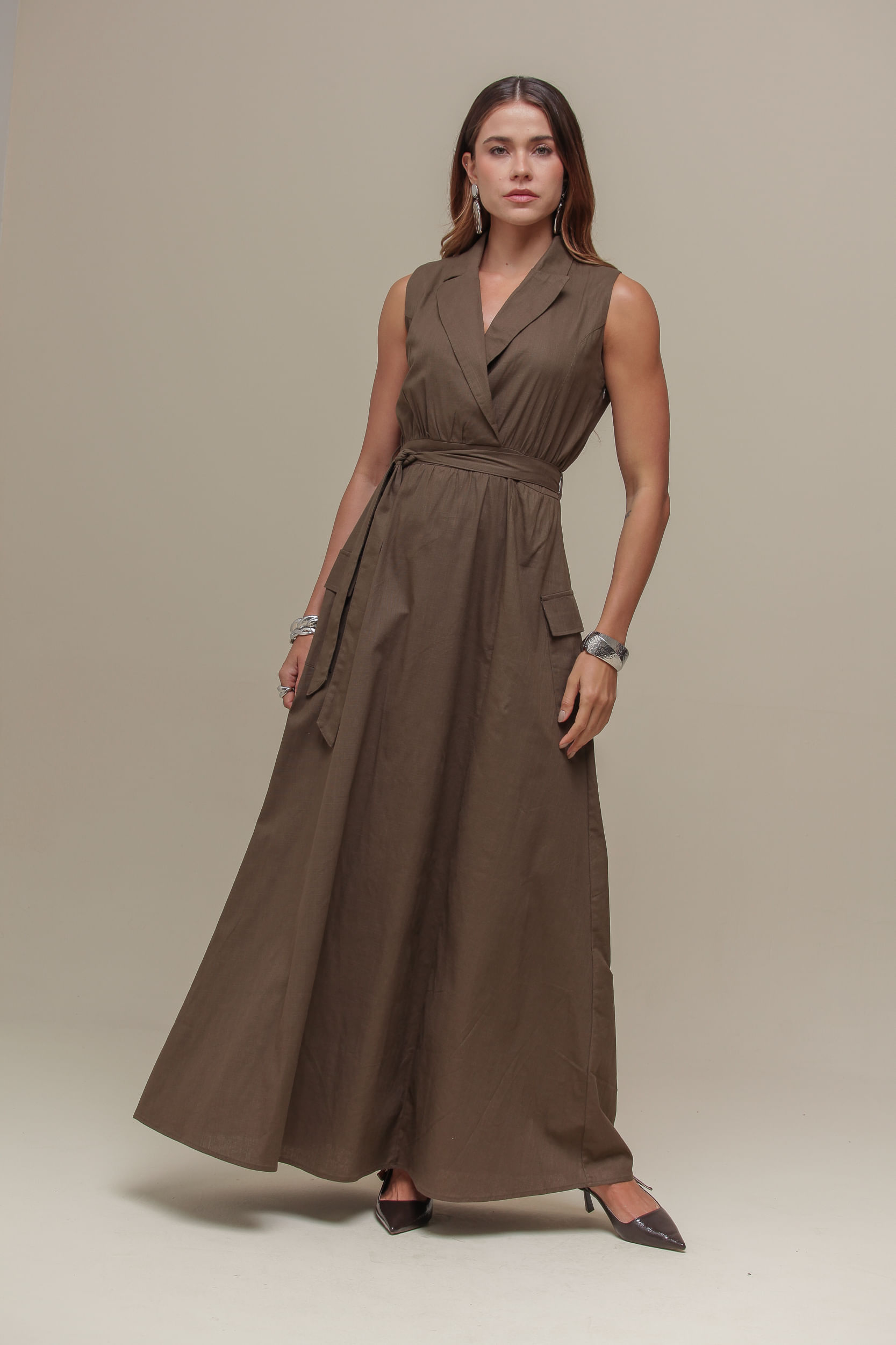 9036797 - Vestido Longo Linho Amarração  VERDE MILITAR