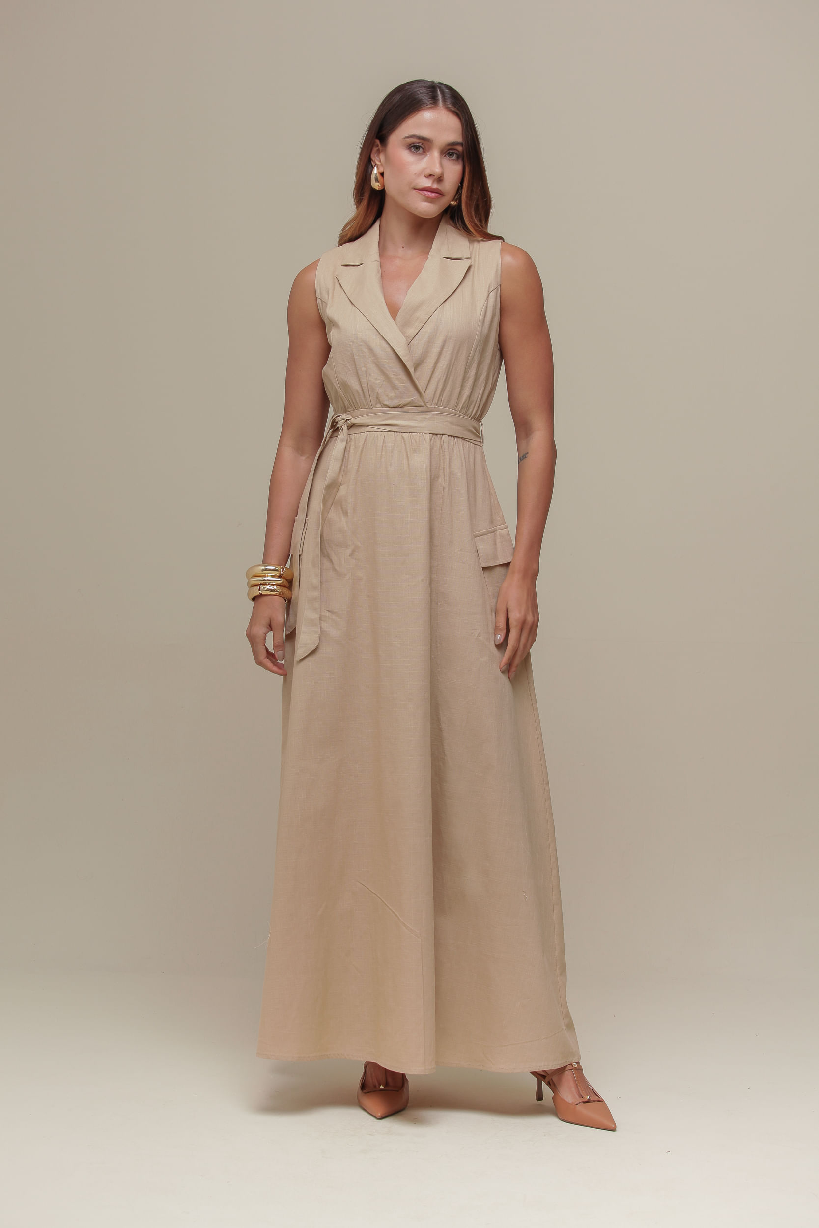9036797 - Vestido Longo Linho Amarração  BEGE