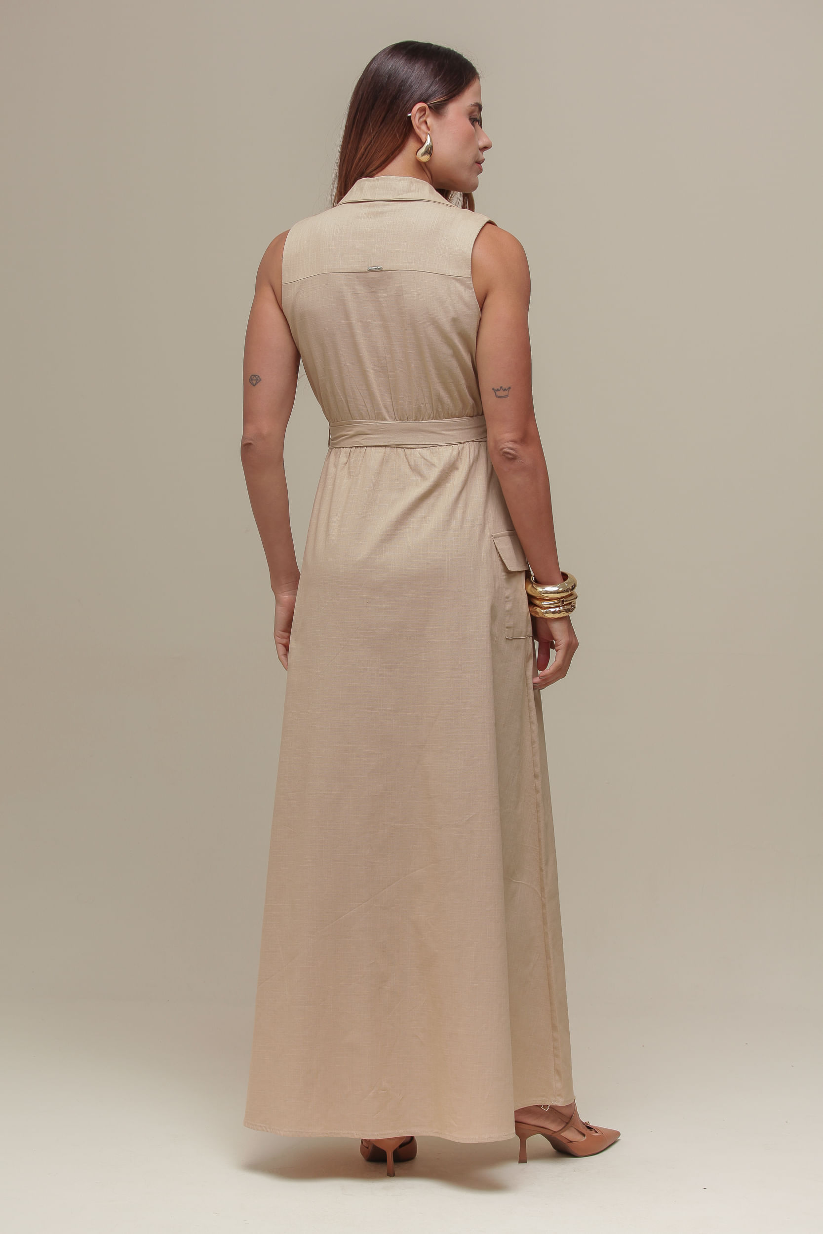 9036797 - Vestido Longo Linho Amarração  BEGE