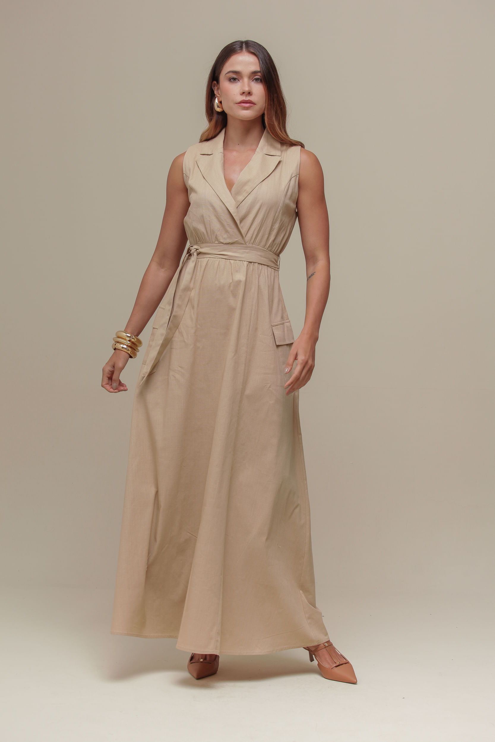 9036797 - Vestido Longo Linho Amarração  BEGE