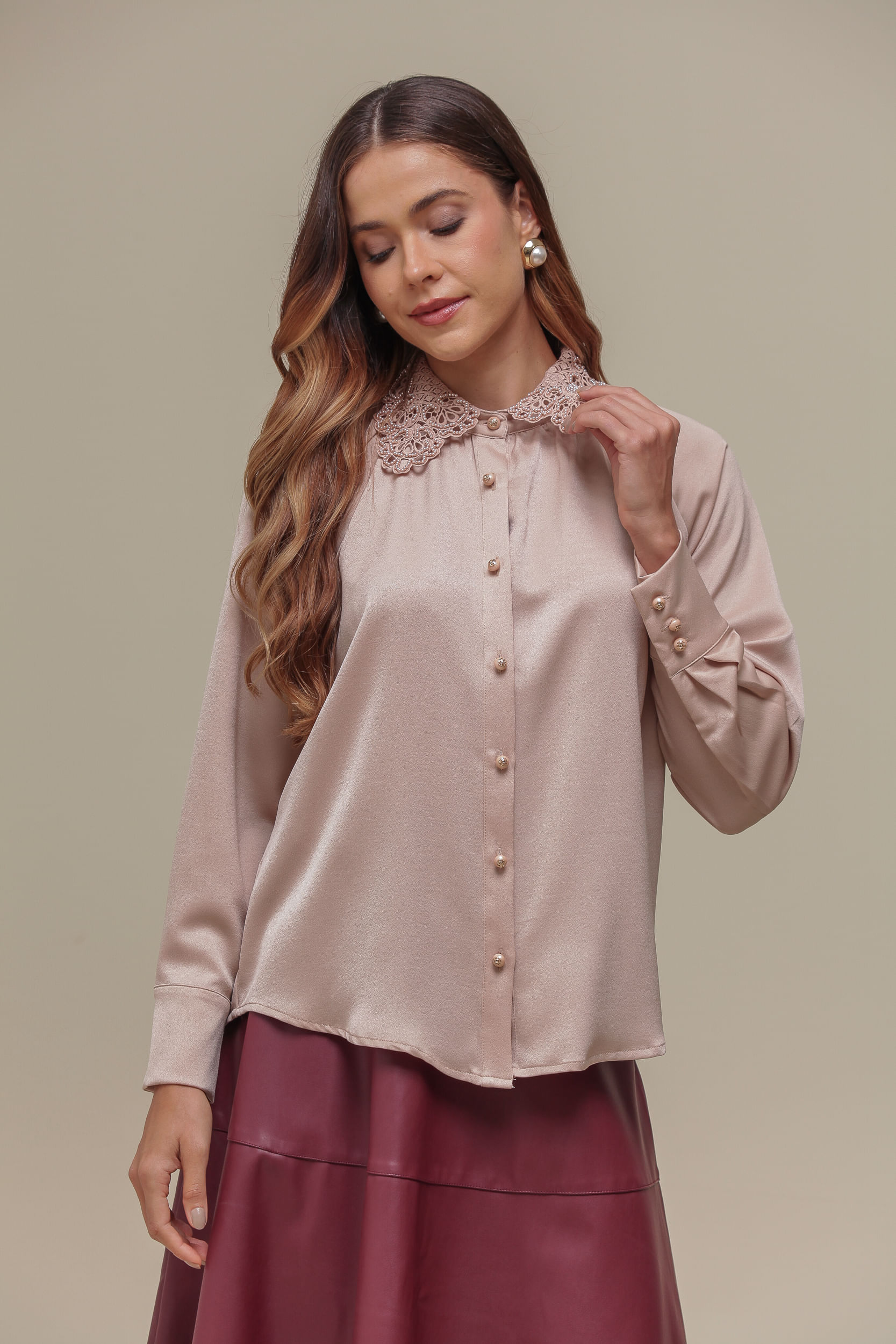 9036566 - Camisa Social Renda na Gola BEGE 9036566 - Camisa Social Renda na Gola BEGE