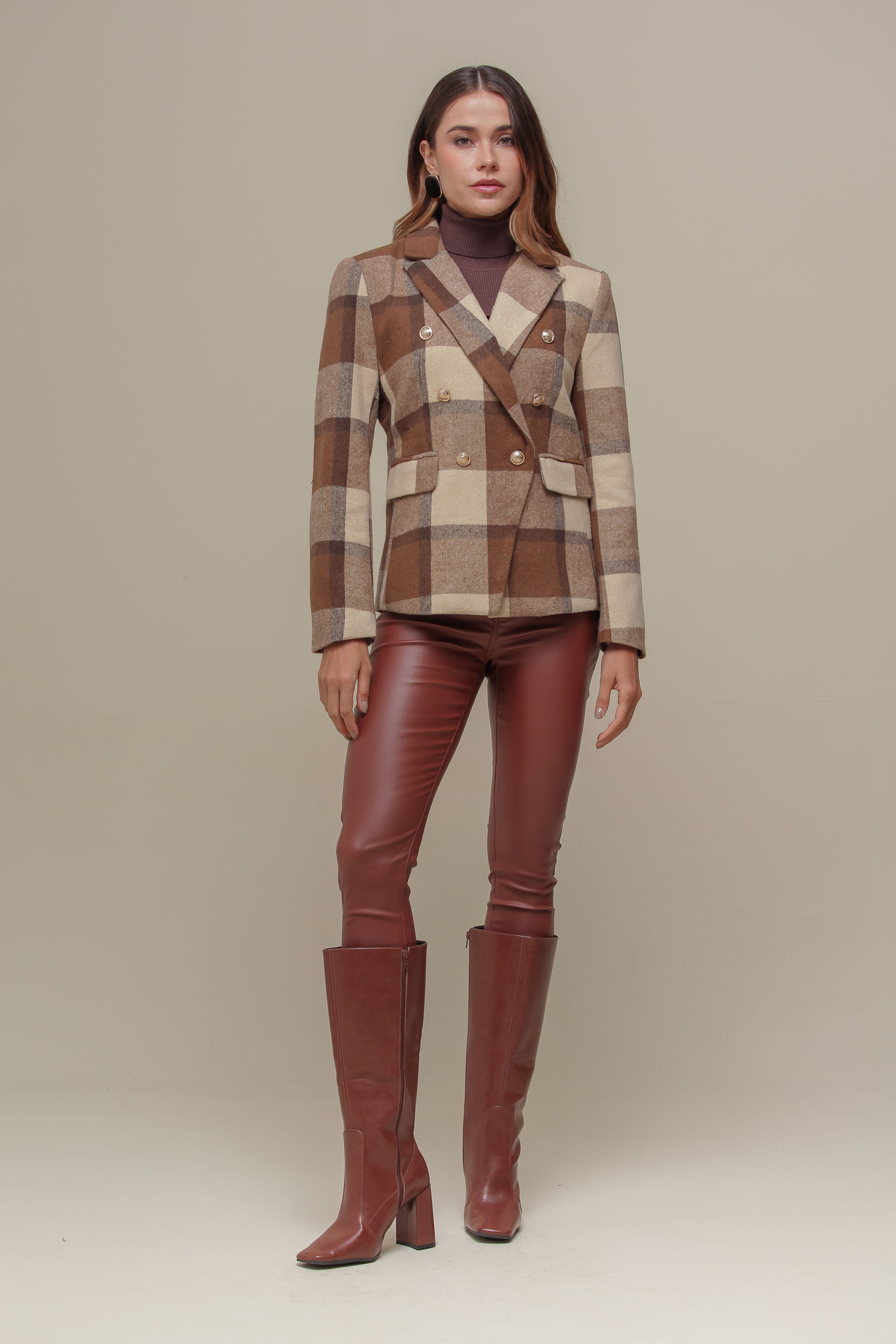 9036626 - Blazer Xadrez Alongado MARROM 9036626 - Blazer Xadrez Alongado MARROM