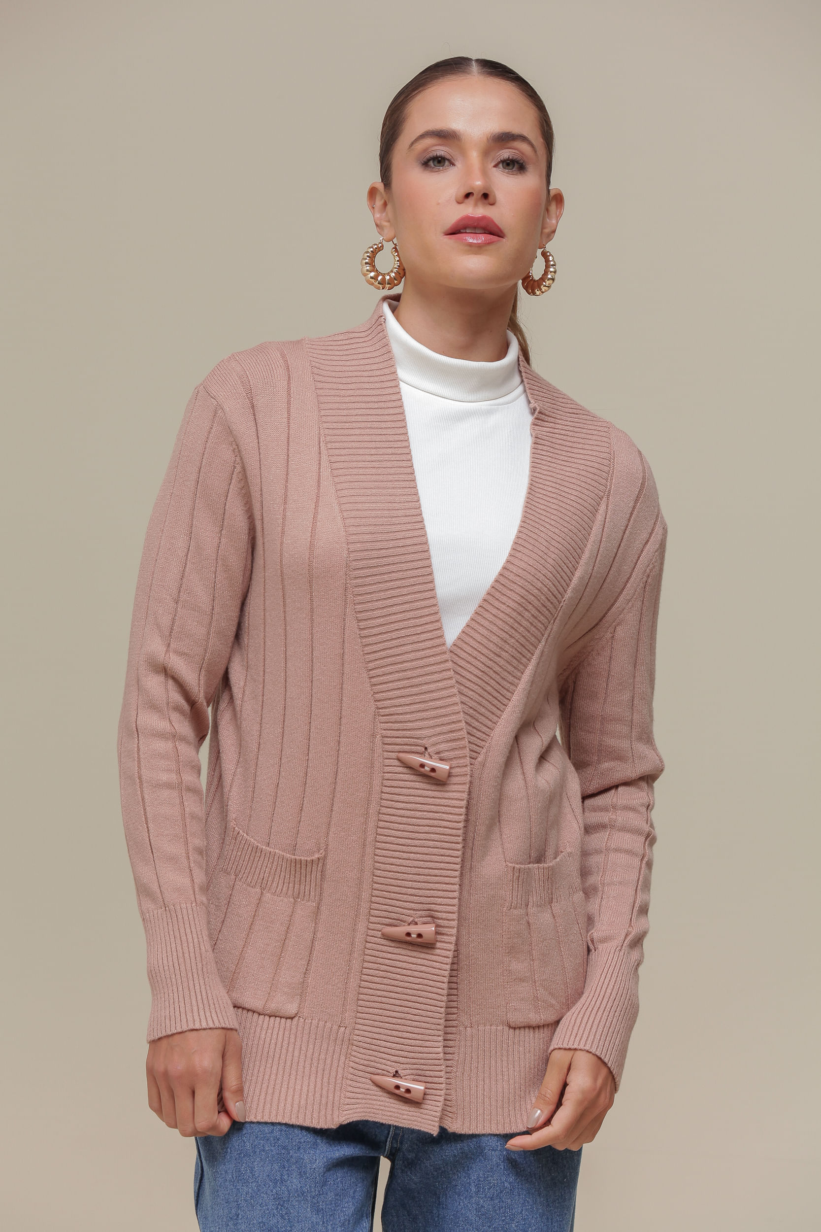 9036583 - Cardigan Listrado Tricô  BEGE