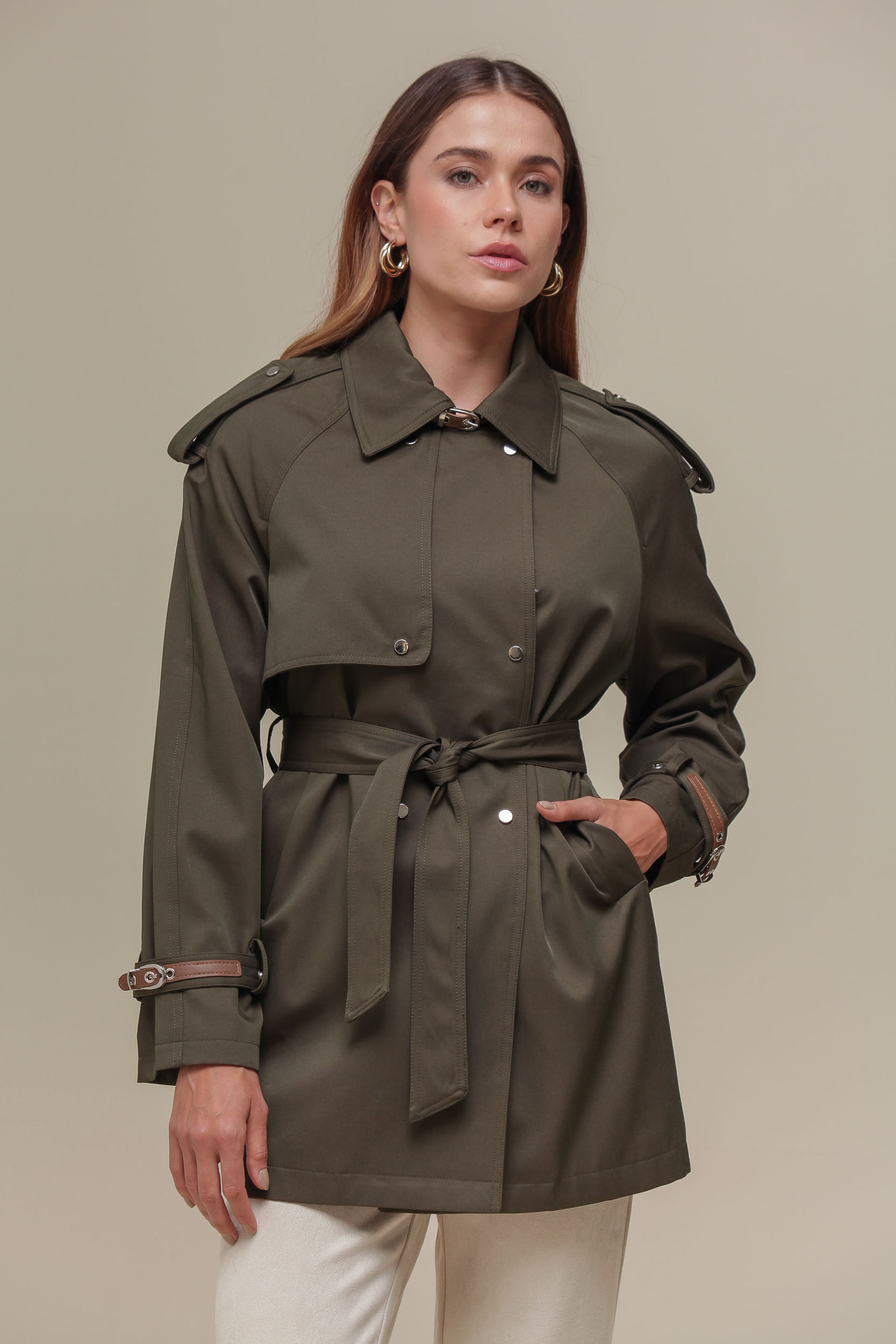 9036629 - Trench Coat Alongado Detalhes cinto  VERDE 