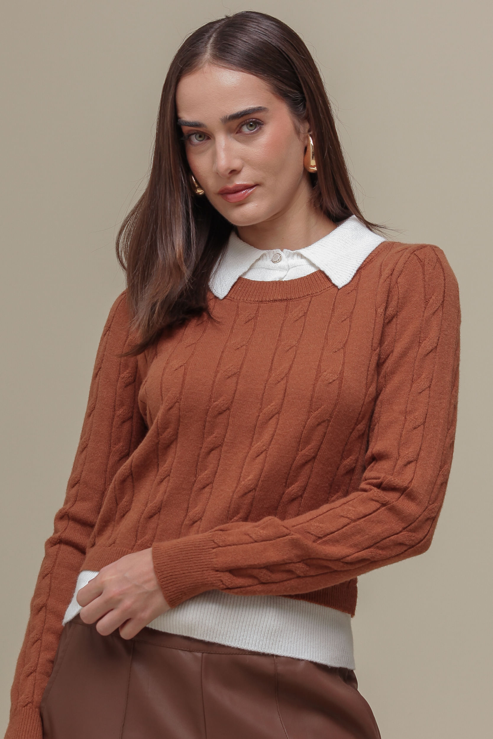 9036843 - Blusa Tricô Bicolor MARROM 9036843 - Blusa Tricô Bicolor MARROM