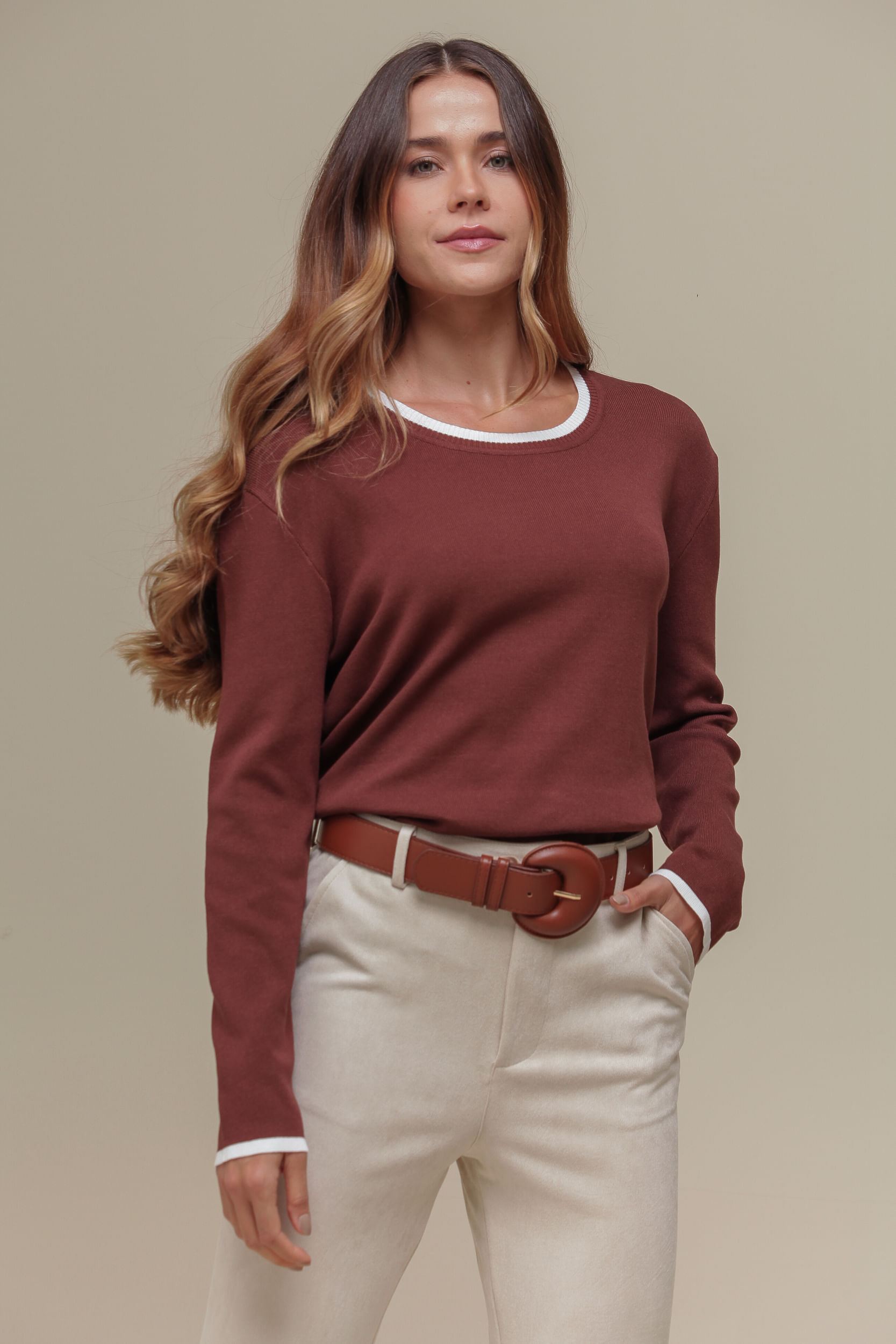 9036748 - Blusa Detalhes Bicolor Ampla MARROM 9036748 - Blusa Detalhes Bicolor Ampla MARROM