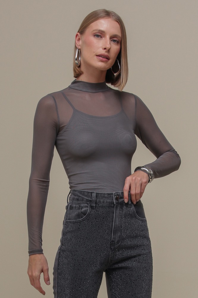 9036587 - Blusa de Tule Gola Alta CINZA 9036587 - Blusa de Tule Gola Alta CINZA