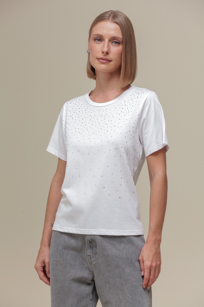 9036721 - Blusa Malha Manga Curta com Strass OFF-WHITE 9036721 - Blusa Malha Manga Curta com Strass OFF-WHITE
