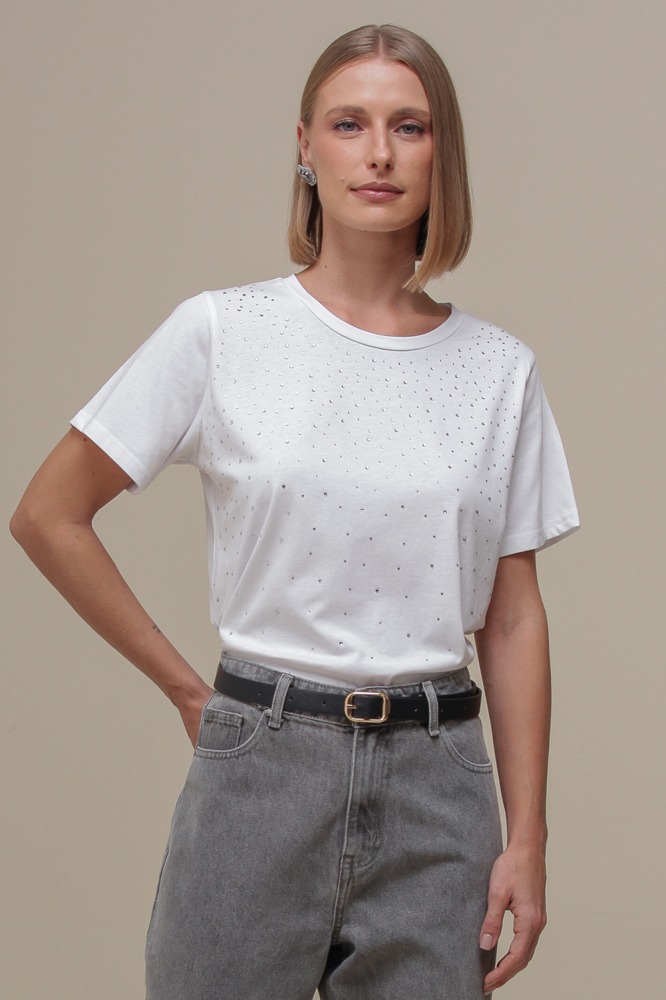 9036721 - Blusa Malha Manga Curta com Strass OFF-WHITE 9036721 - Blusa Malha Manga Curta com Strass OFF-WHITE