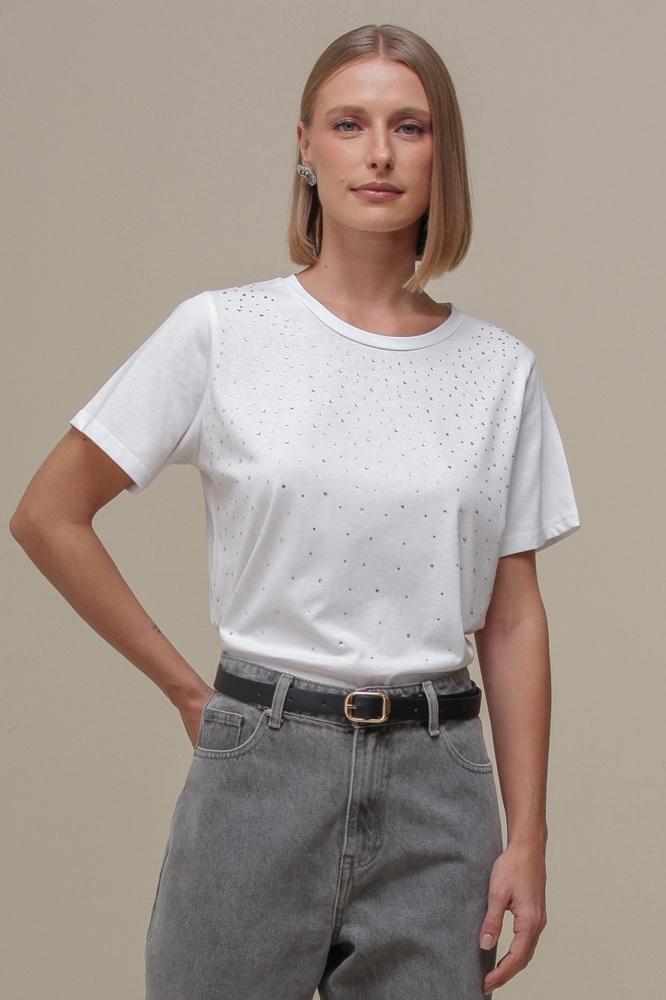 9036721 - Blusa Malha Manga Curta com Strass OFF-WHITE