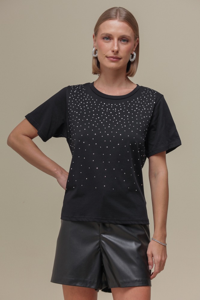 9036721 - Blusa Malha Manga Curta com Strass PRETO 9036721 - Blusa Malha Manga Curta com Strass PRETO