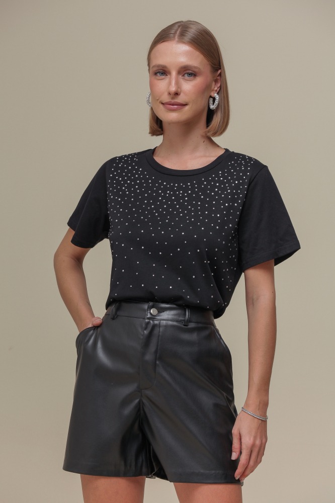 9036721 - Blusa Malha Manga Curta com Strass PRETO 9036721 - Blusa Malha Manga Curta com Strass PRETO