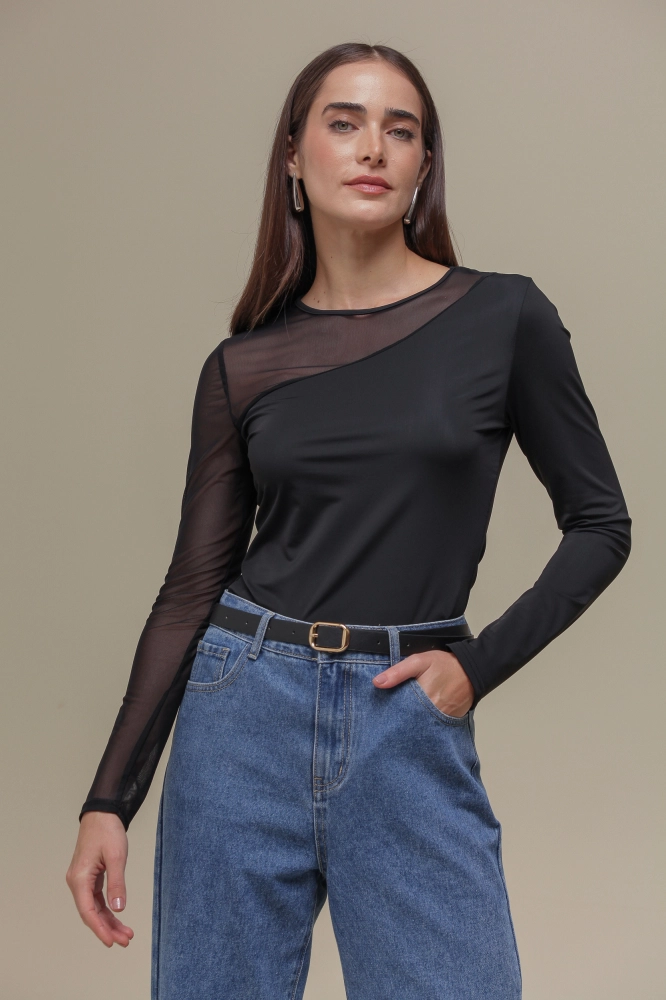 9036723 - Blusa Manga Longa Tule PRETO