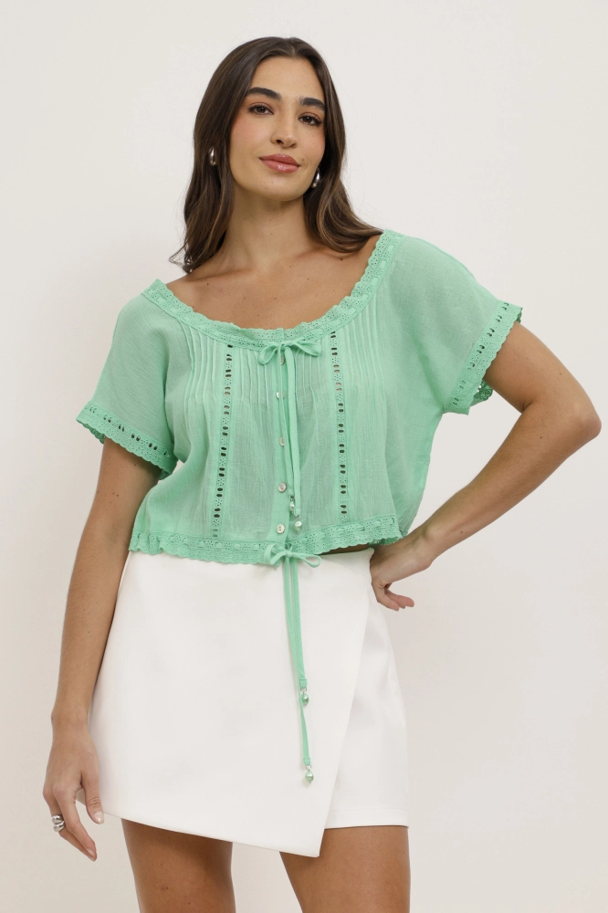 9033817 - Blusa Ombro a Ombro Boho Rendinha AMARELO