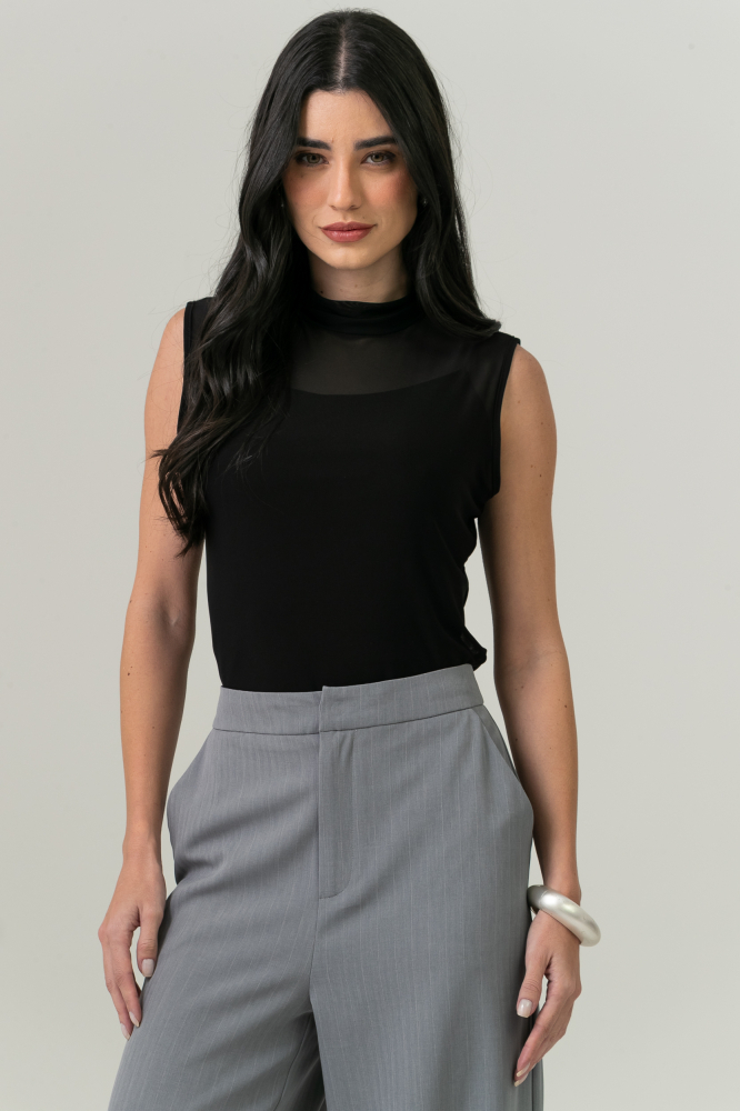 9038596 - Blusa Sem Manga Gola Alta Tule PRETO 9038596 - Blusa Sem Manga Gola Alta Tule PRETO