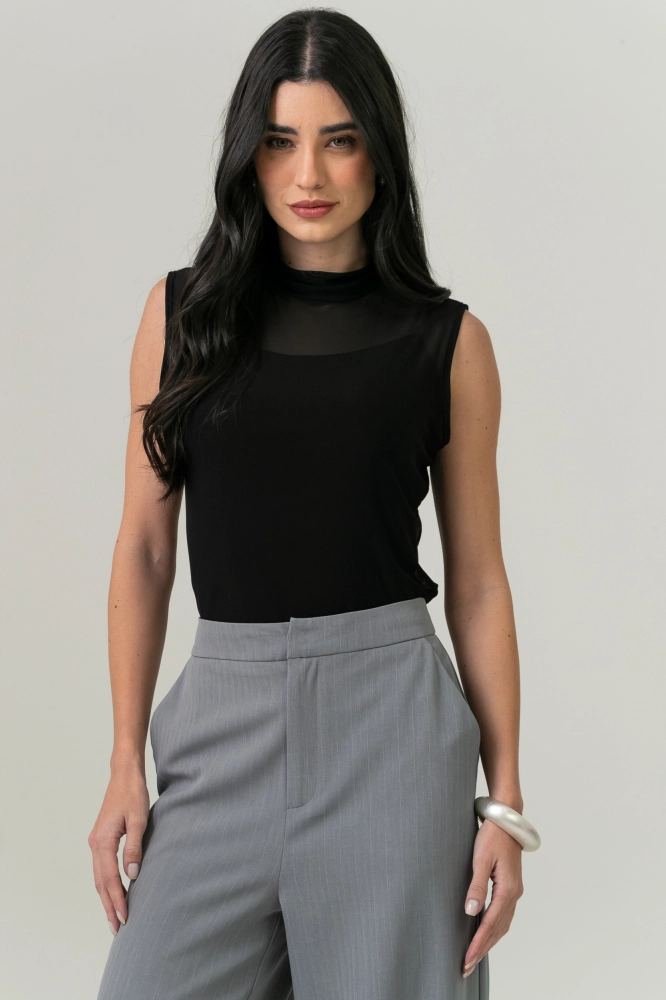 9038596 - Blusa Sem Manga Gola Alta Tule PRETO - Imagem 2