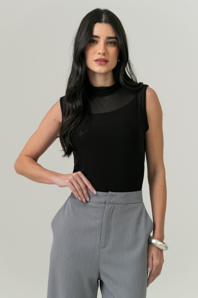 9038596 - Blusa Sem Manga Gola Alta Tule PRETO 9038596 - Blusa Sem Manga Gola Alta Tule PRETO