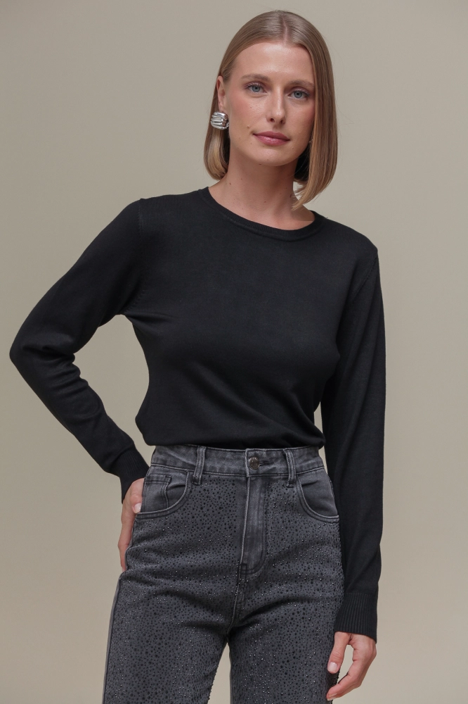 Blusa Tricô Decote Redondo  PRETO