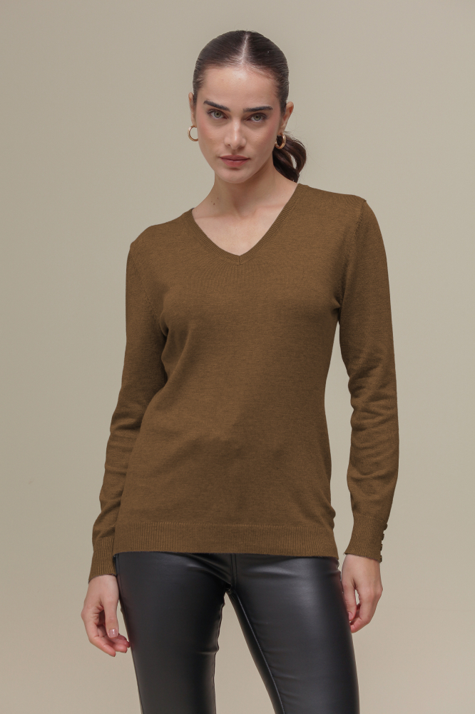 Blusa Tricô Decote V  MARROM