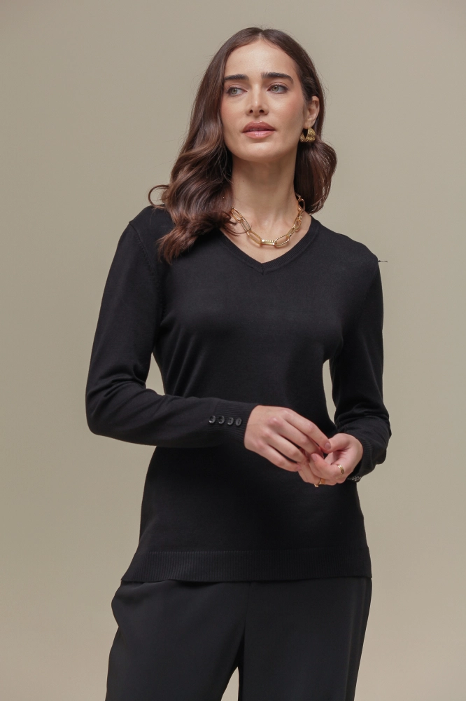 9037079 - Blusa Tricô Decote V  PRETO