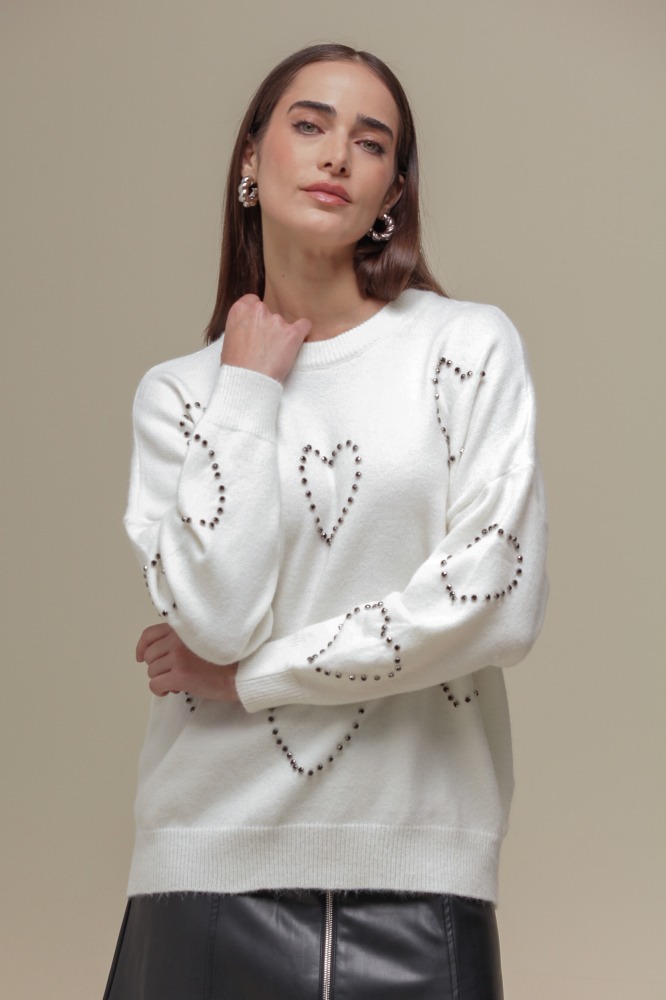 9036652 - Blusa Tricô Detalhe Corações  OFF-WHITE