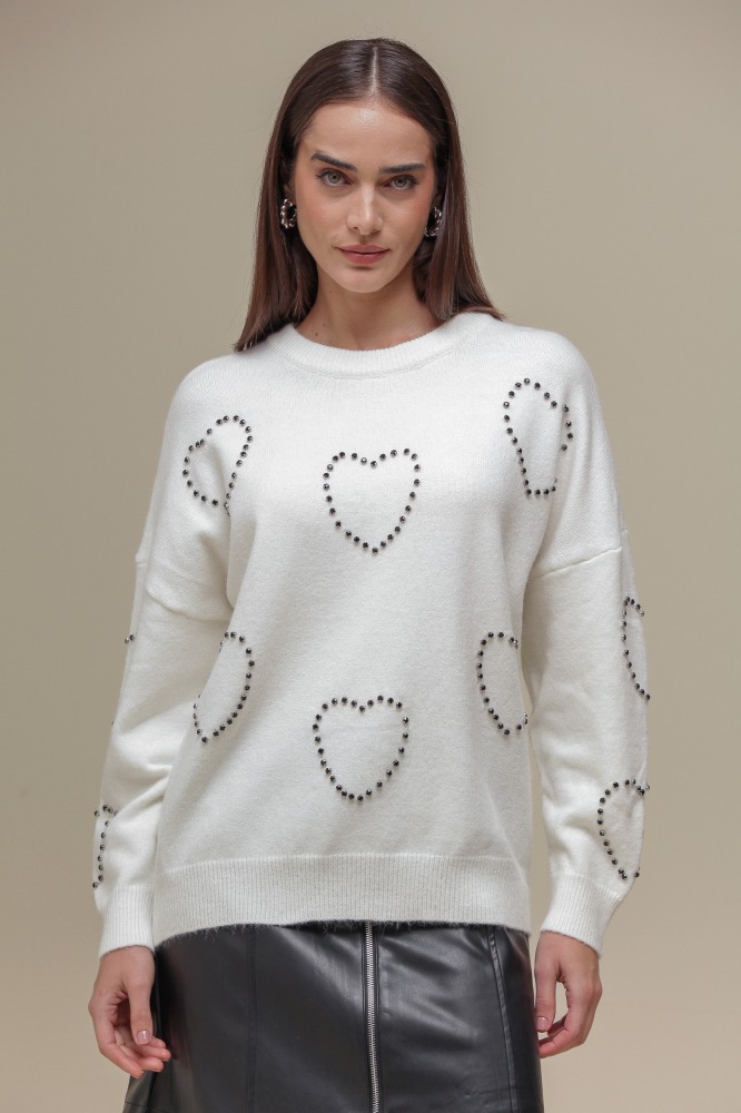 9036652 - Blusa Tricô Detalhe Corações  OFF-WHITE