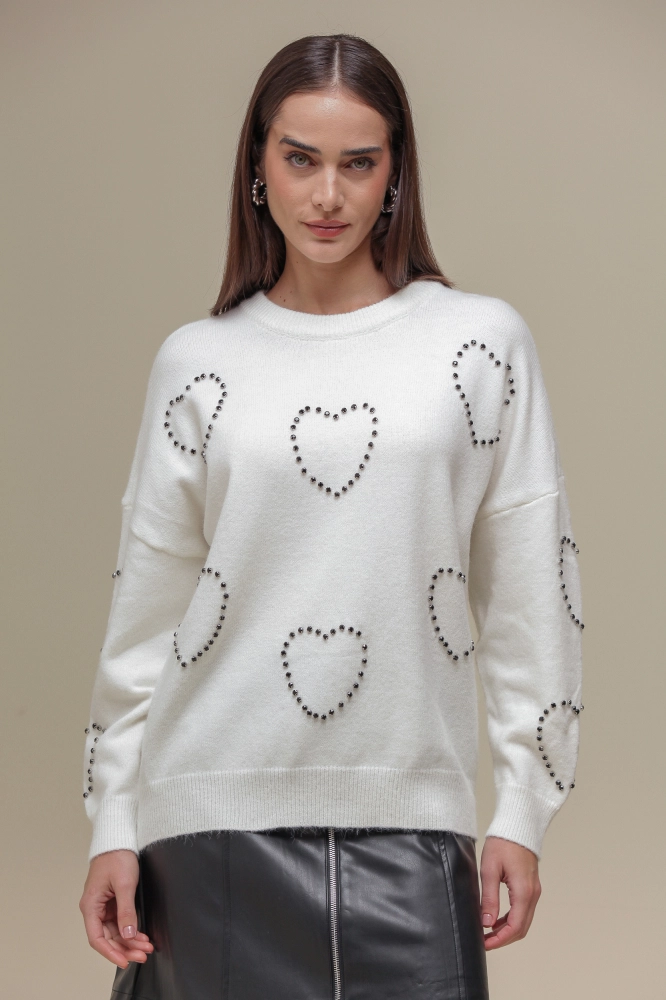 9036652 - Blusa Tricô Detalhe Corações  OFF-WHITE