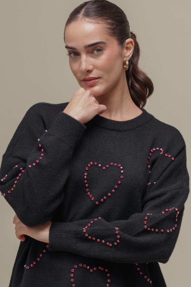 9036652 - Blusa Tricô Detalhe Corações PRETO 9036652 - Blusa Tricô Detalhe Corações PRETO